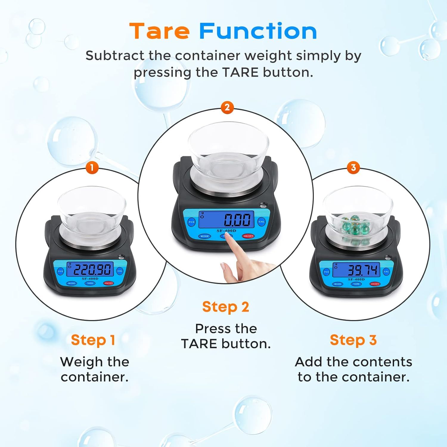 Explains how to use the tare function on the scale to subtract container weight, making it easier for shoppers to understand the step-by-step process for accurate measurements.