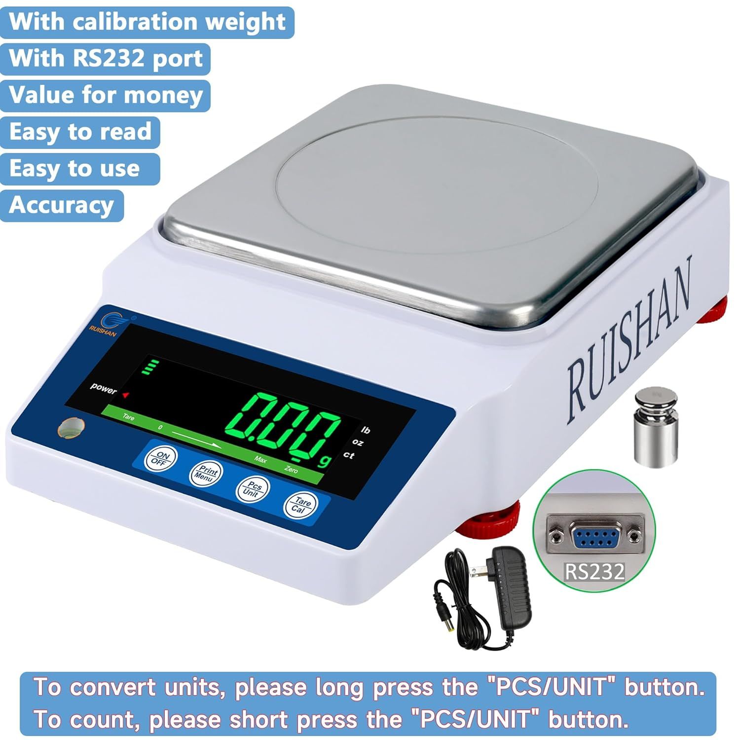 Communicates multiple selling benefits of the precision scale including included accessories, connectivity, ease of use, and accuracy to help shoppers understand the comprehensive value proposition.…