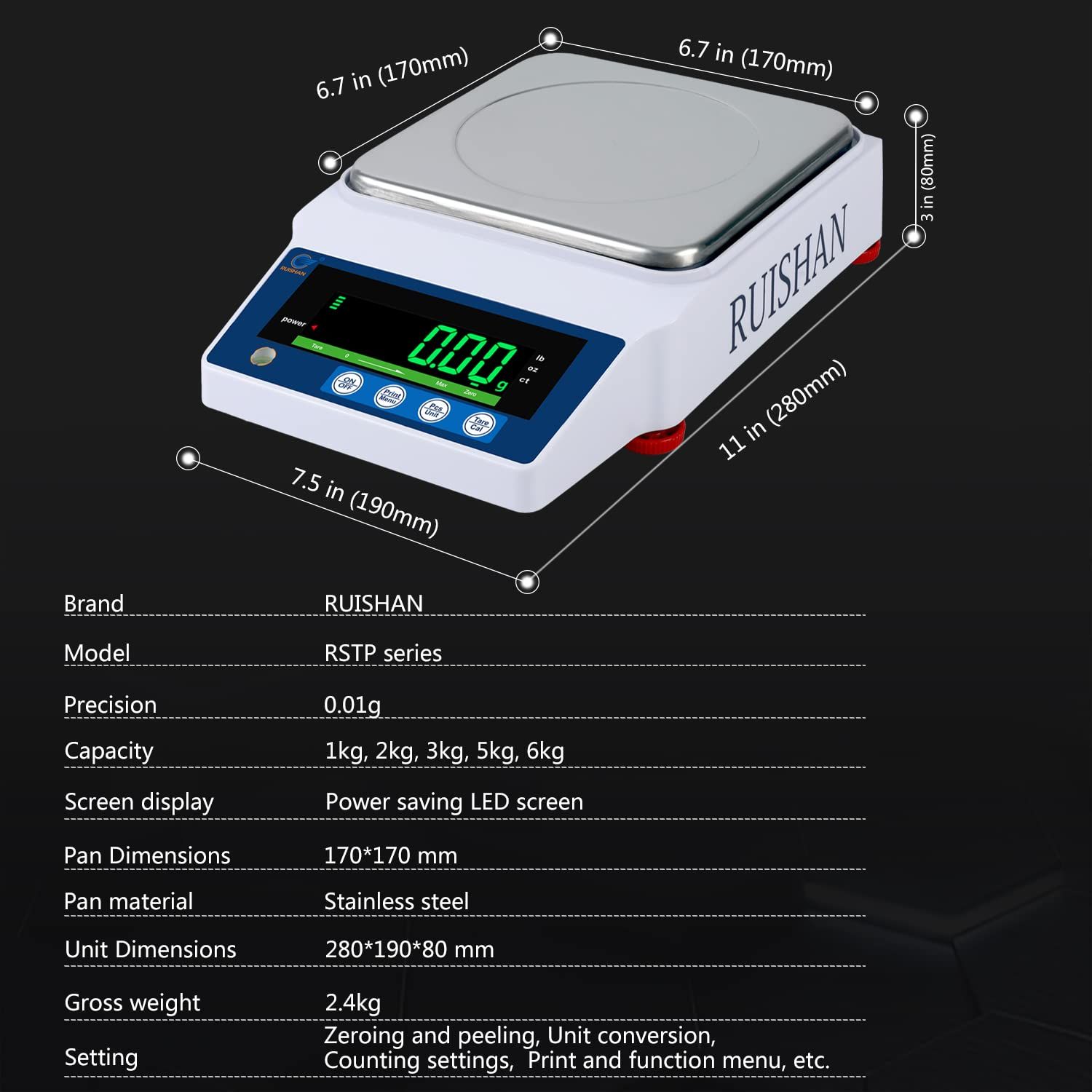 Communicates the exact physical dimensions of the scale (length, width, height) with visual arrows and measurements to help shoppers understand the product's size and footprint before purchase.