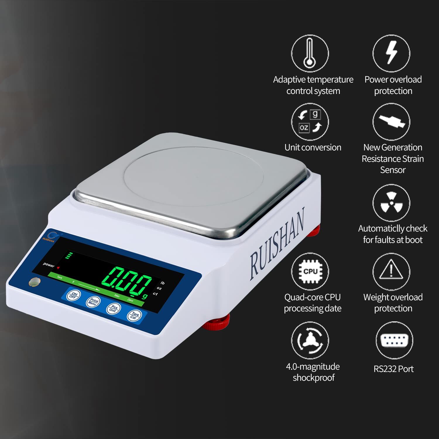Showcases the technical features and safety protections of this precision scale to communicate reliability, advanced technology, and comprehensive functionality to professional or technical buyers.