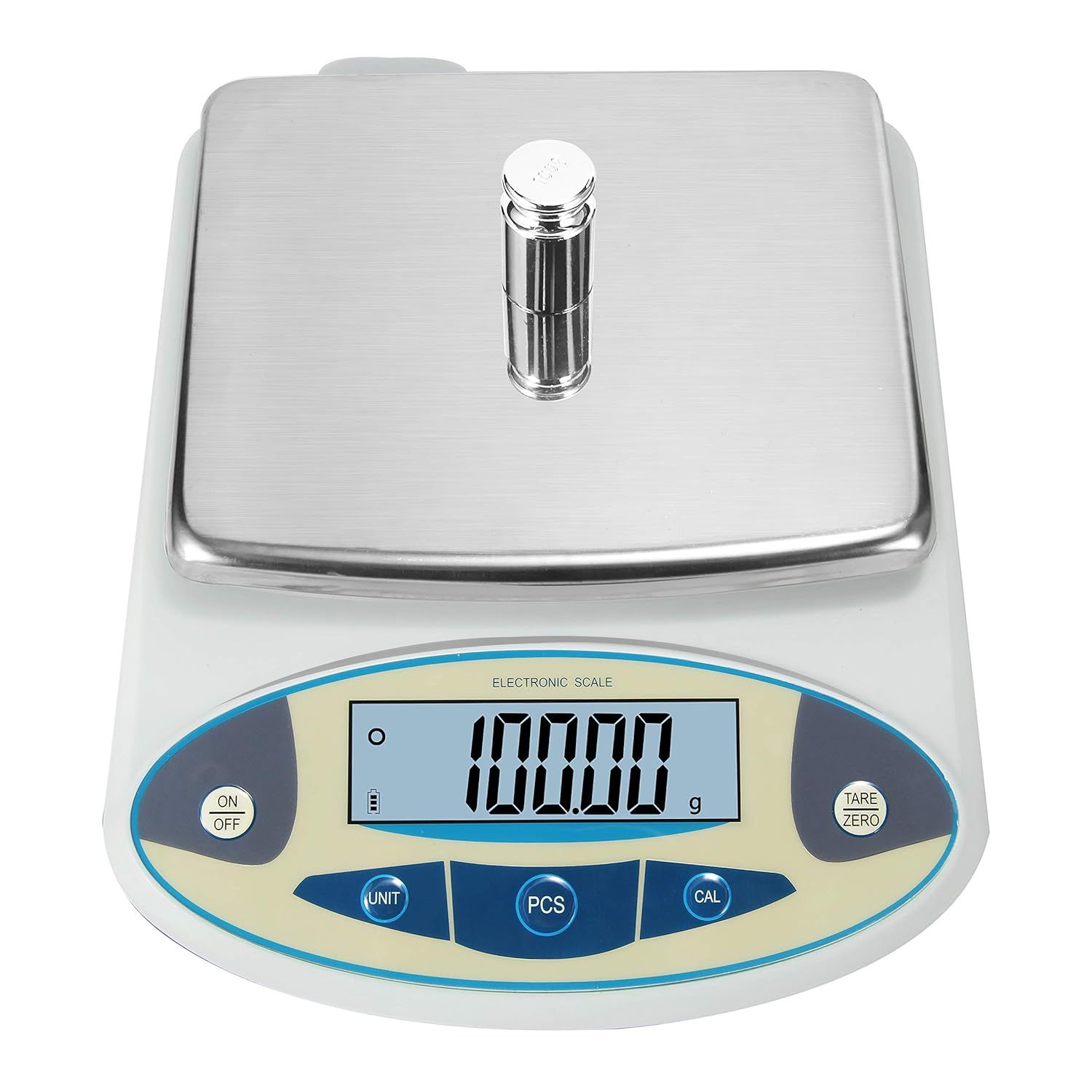 Provides a clean, catalog-style view of the electronic scale showing the product design, digital display, control buttons, and stainless steel weighing platform.
