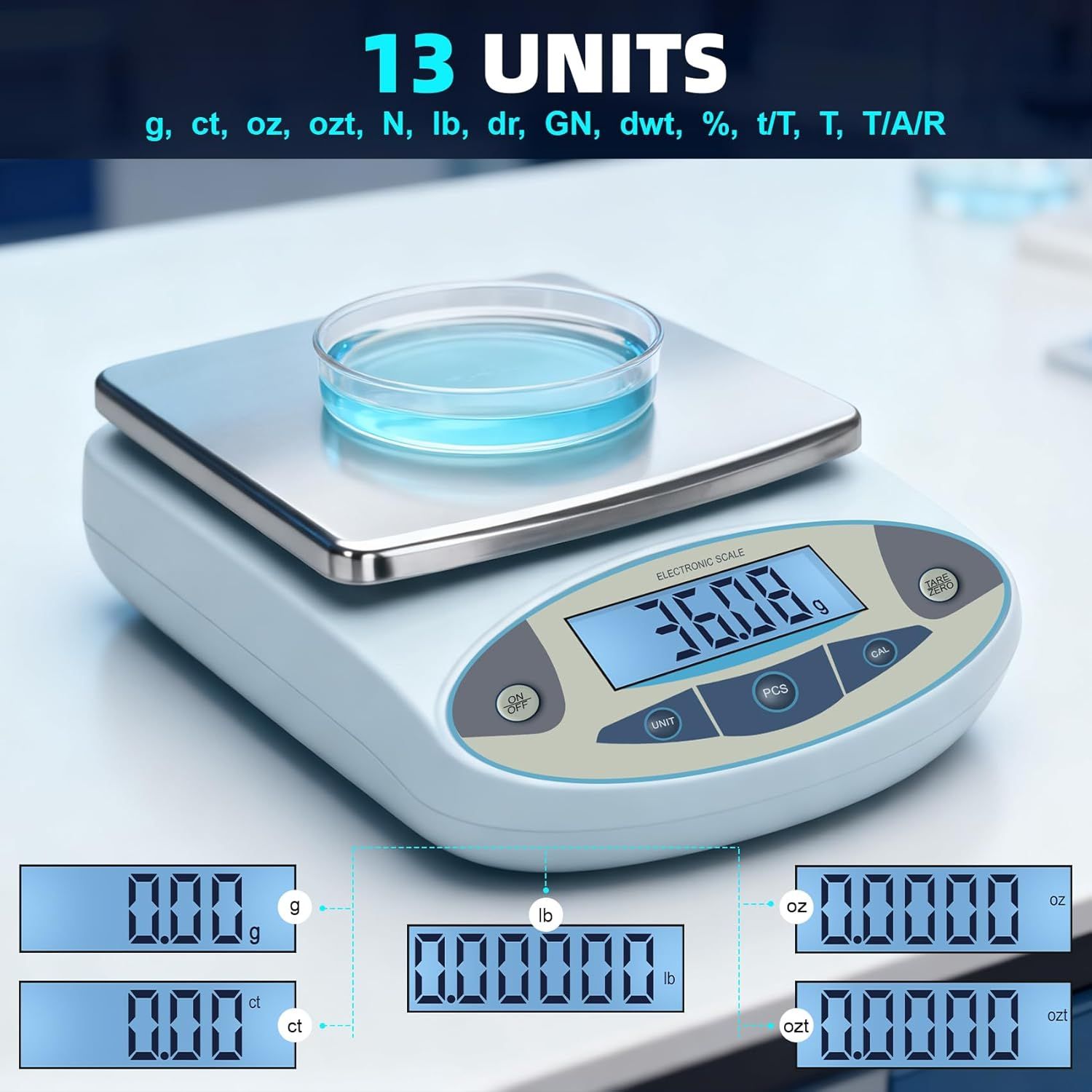 Communicates the versatility and precision of the electronic scale by highlighting its ability to measure in 13 different units, reassuring shoppers of its comprehensive functionality for various…