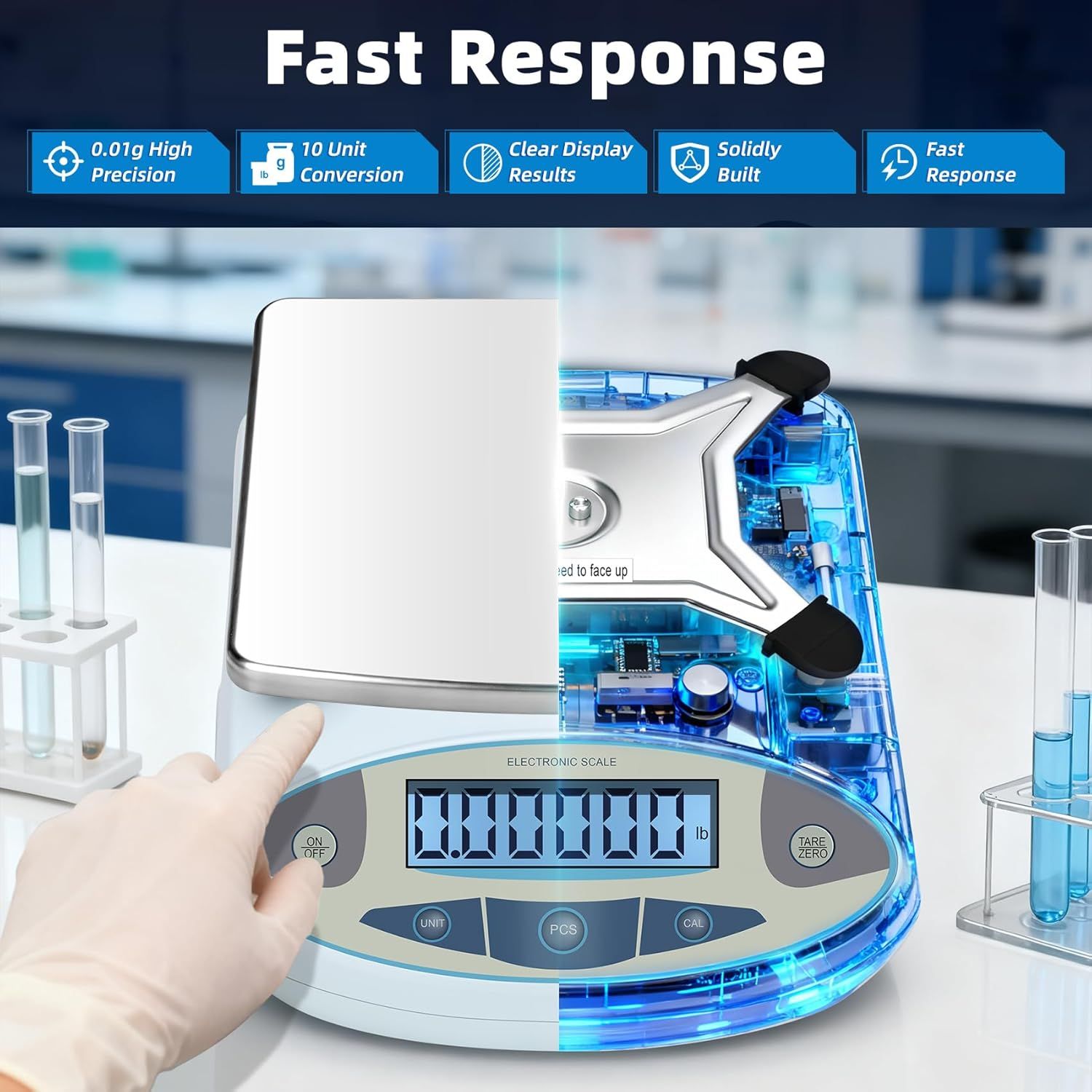 Communicates multiple key selling benefits of the electronic scale in a segmented layout, emphasizing precision, versatility, display quality, durability, and speed to reassure shoppers of…