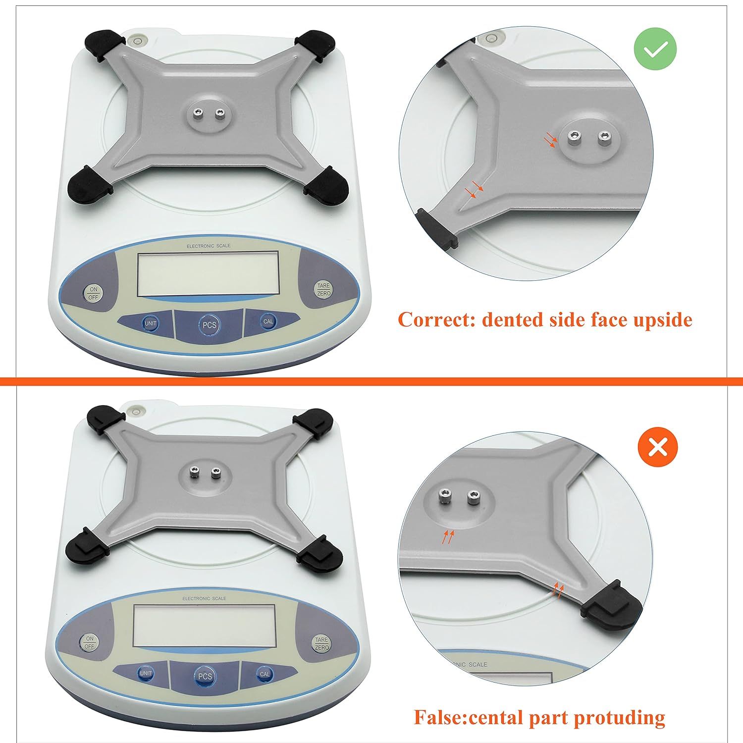 Instructs the shopper on the correct way to install the product's platform attachment by showing the proper orientation (dented side up) versus the incorrect orientation (center protruding),…