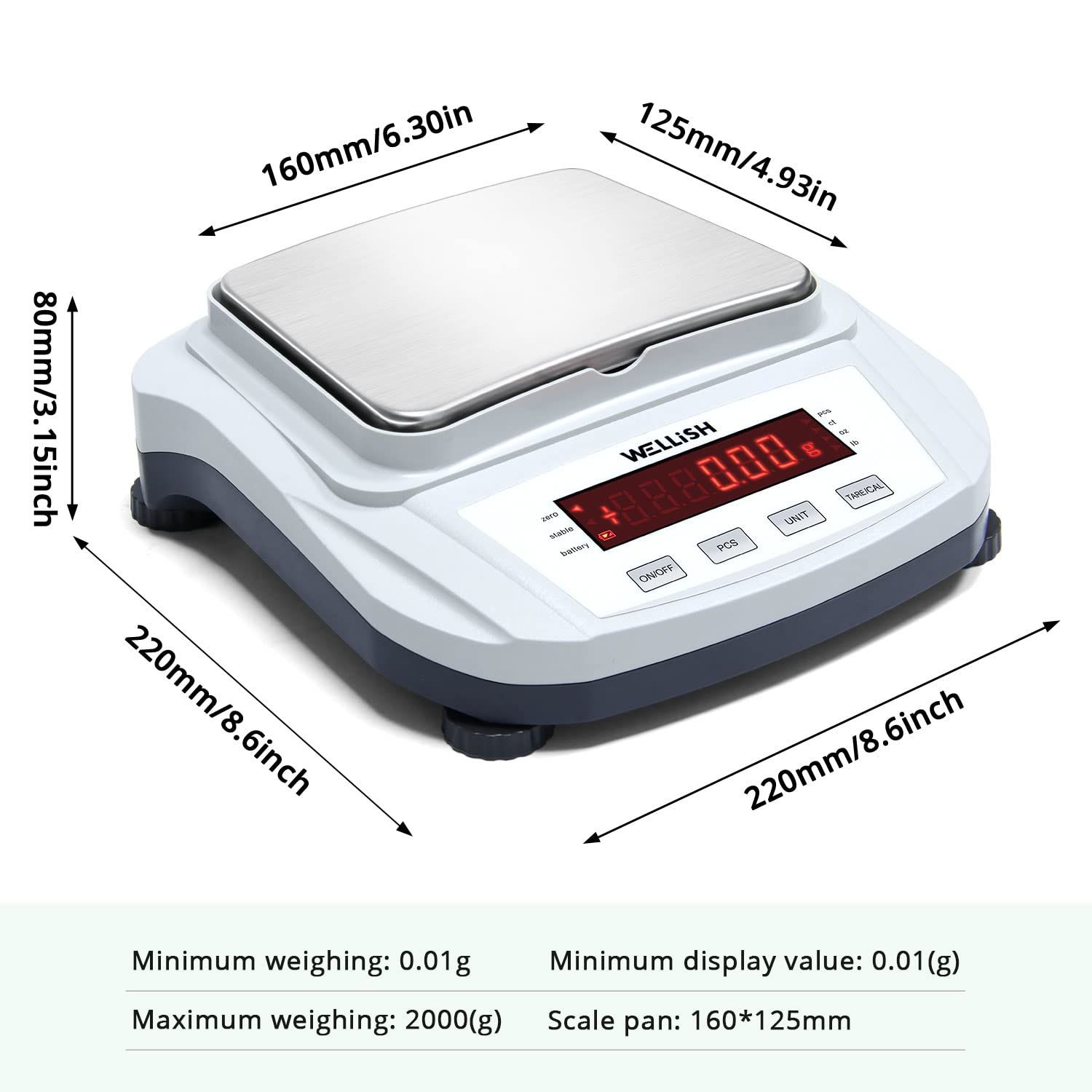 Communicates the exact physical dimensions of the precision scale (height, width, depth, and pan size) to help shoppers understand if it will fit their workspace and meet their measurement needs.…
