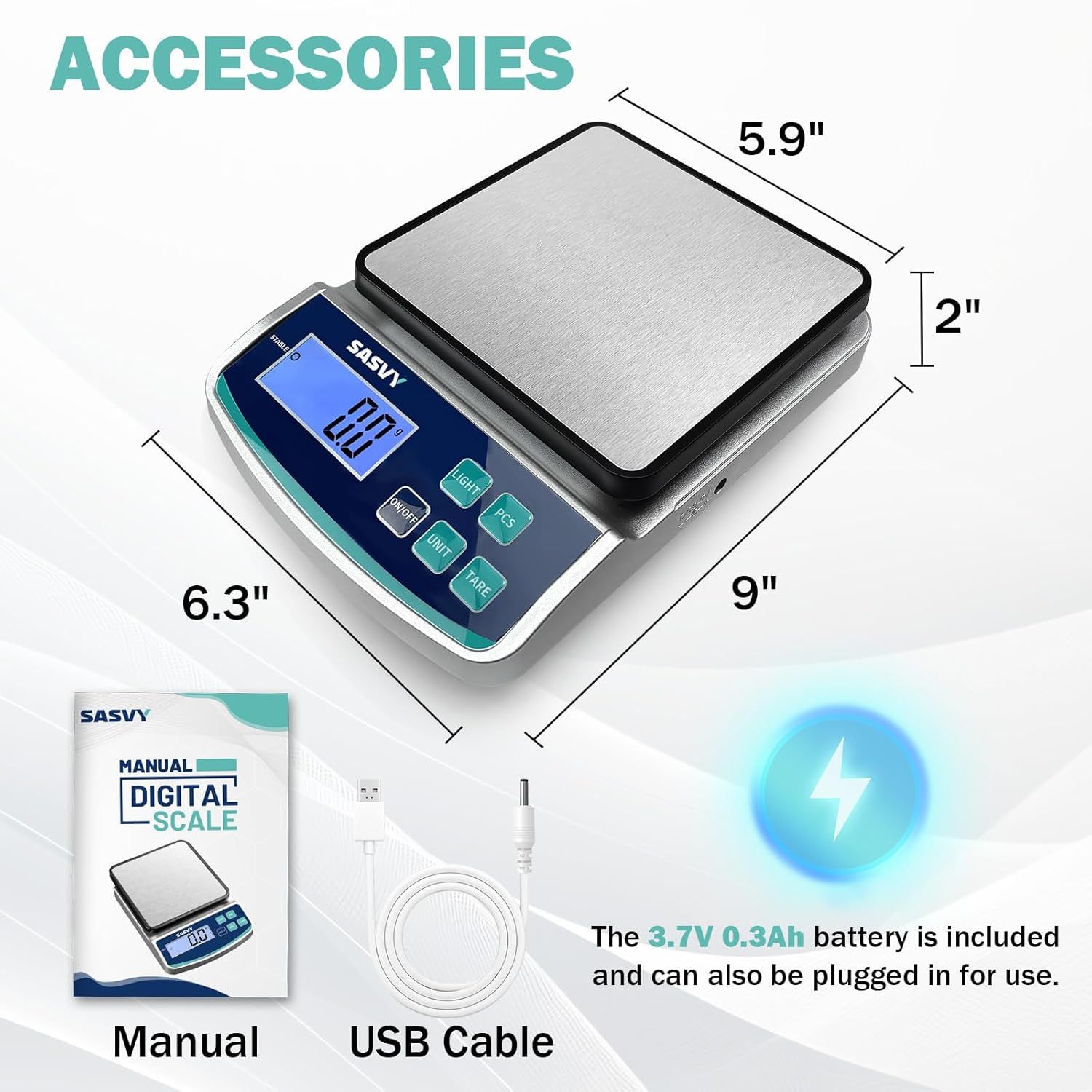 Shows the exact physical dimensions of the digital scale (6.3" x 9" x 2", with 5.9" platform width) to help shoppers understand the product's size and footprint. Displays everything included with…