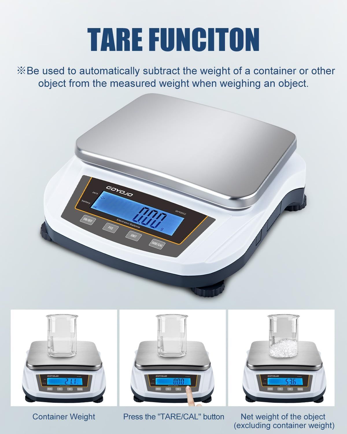 Explains how to use the tare function to automatically subtract container weight, demonstrating the three-step process of weighing with and without the container to get accurate net weight…