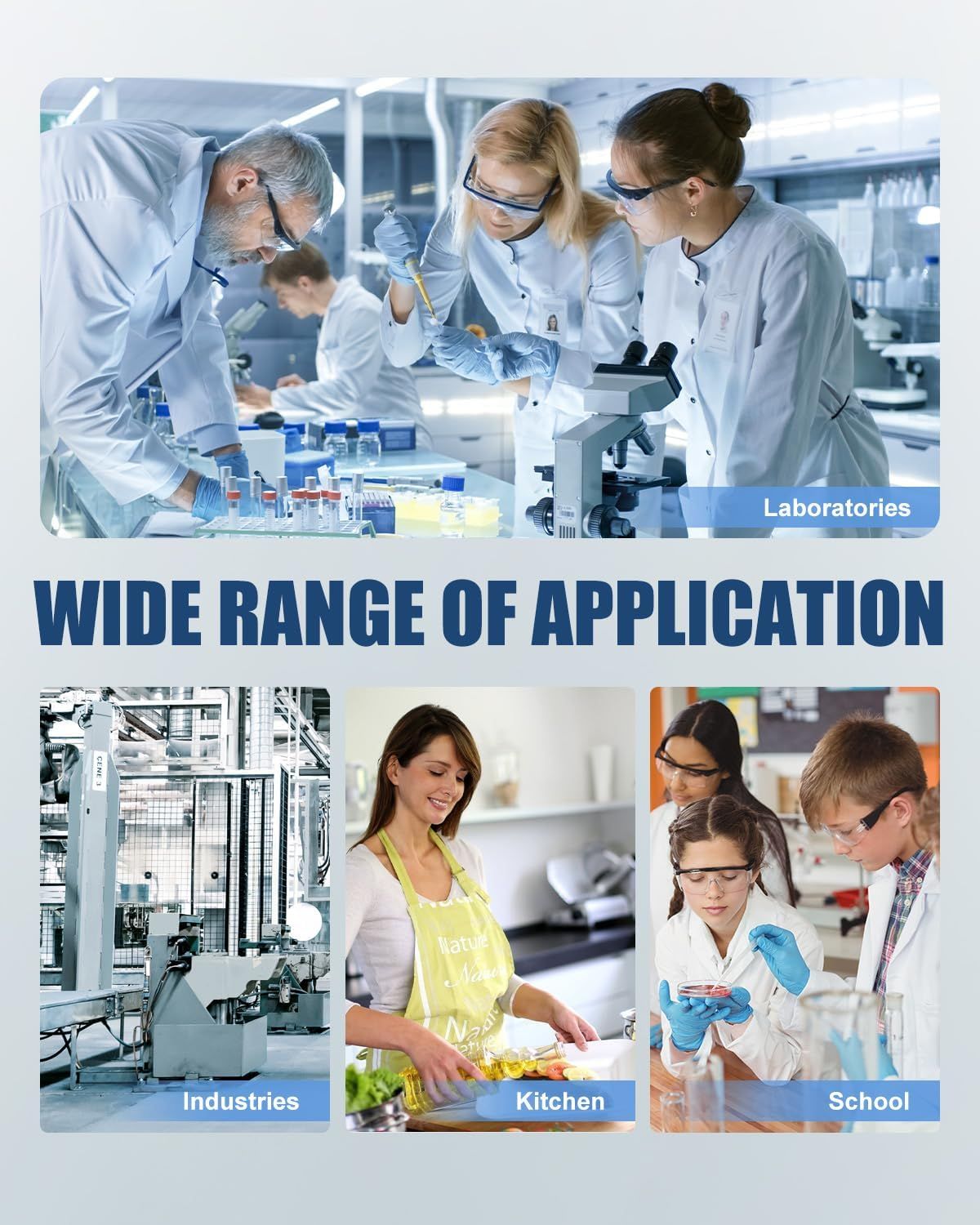 Demonstrates the product's versatility by showing it can be used across multiple environments—laboratories, industrial settings, kitchens, and schools—to reassure shoppers of its wide applicability.