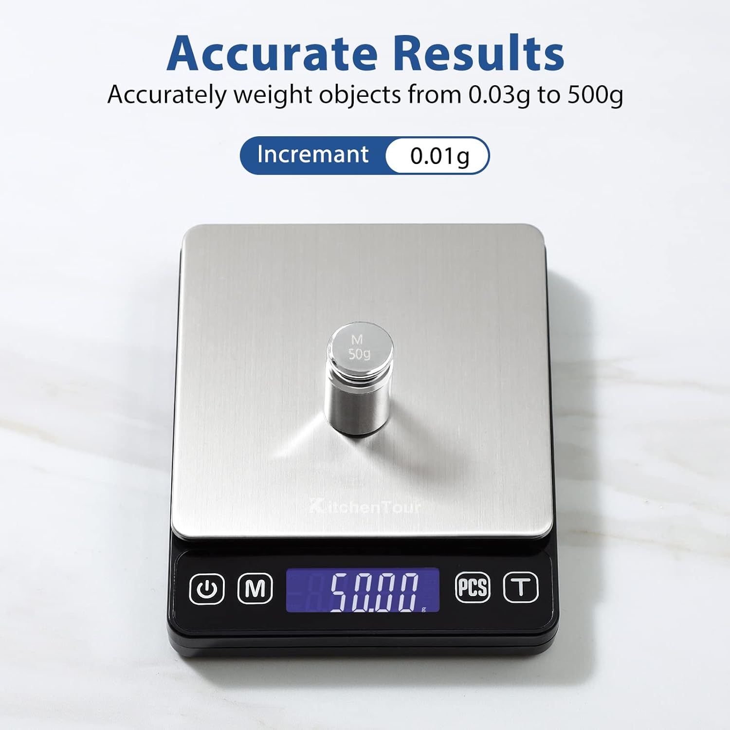 Communicates the scale's high precision and accuracy, showing it can measure objects from 0.03g to 500g with 0.01g increments, reassuring shoppers of reliable and detailed measurements. Highlights…