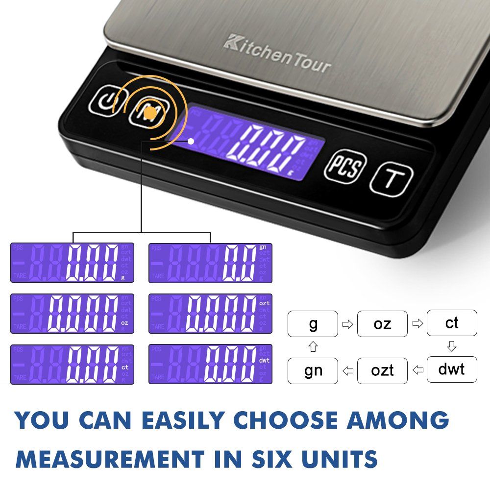 Communicates that the kitchen scale offers flexible measurement options across six different units (g, oz, ct, gn, ozt, dwt), making it versatile for various cooking and weighing needs.