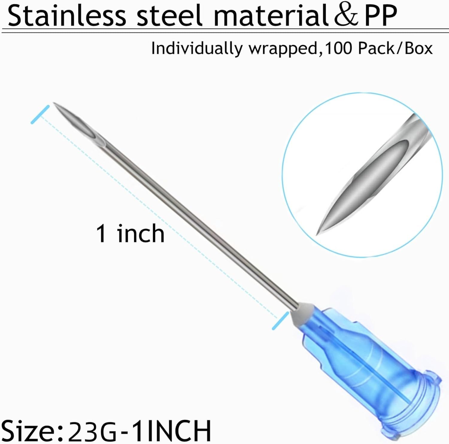 Communicates the exact physical dimensions and gauge of the needle to help medical professionals or customers select the correct size for their needs. Highlights the physical components and material…