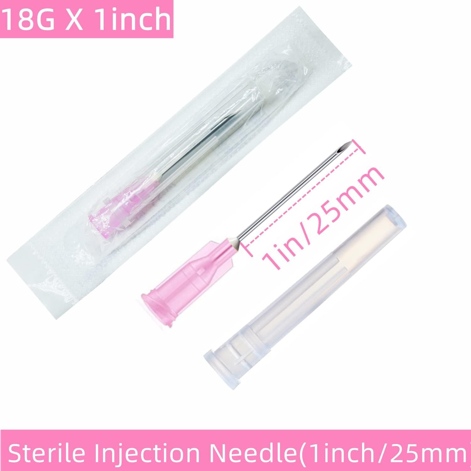 Communicates the exact physical dimensions of the sterile injection needle (18G x 1inch / 25mm) to help shoppers understand the precise size and gauge of the product they are purchasing.