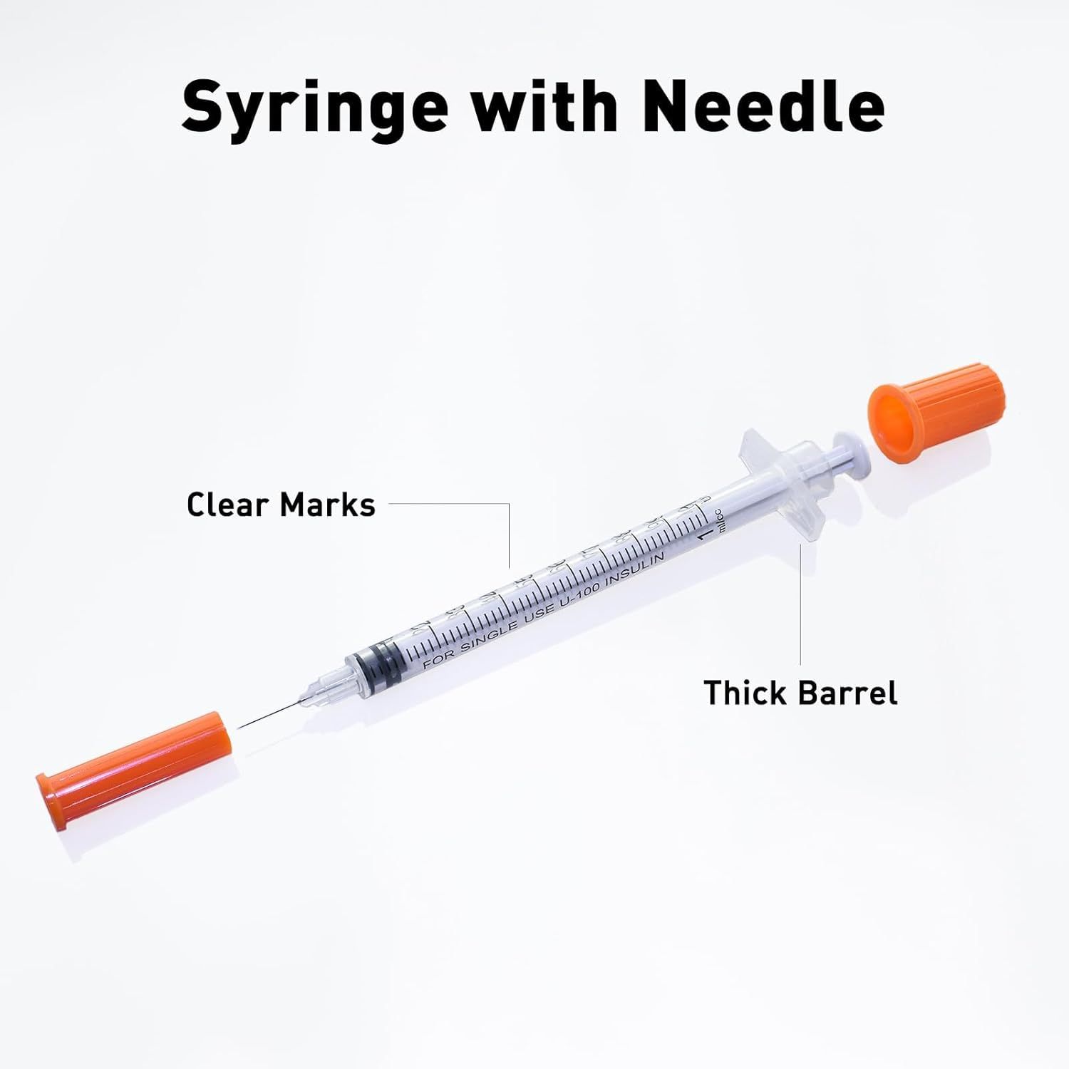 Highlights the physical components of the syringe, specifically the clear measurement marks and thick barrel, to help shoppers understand the product's construction and usability features.