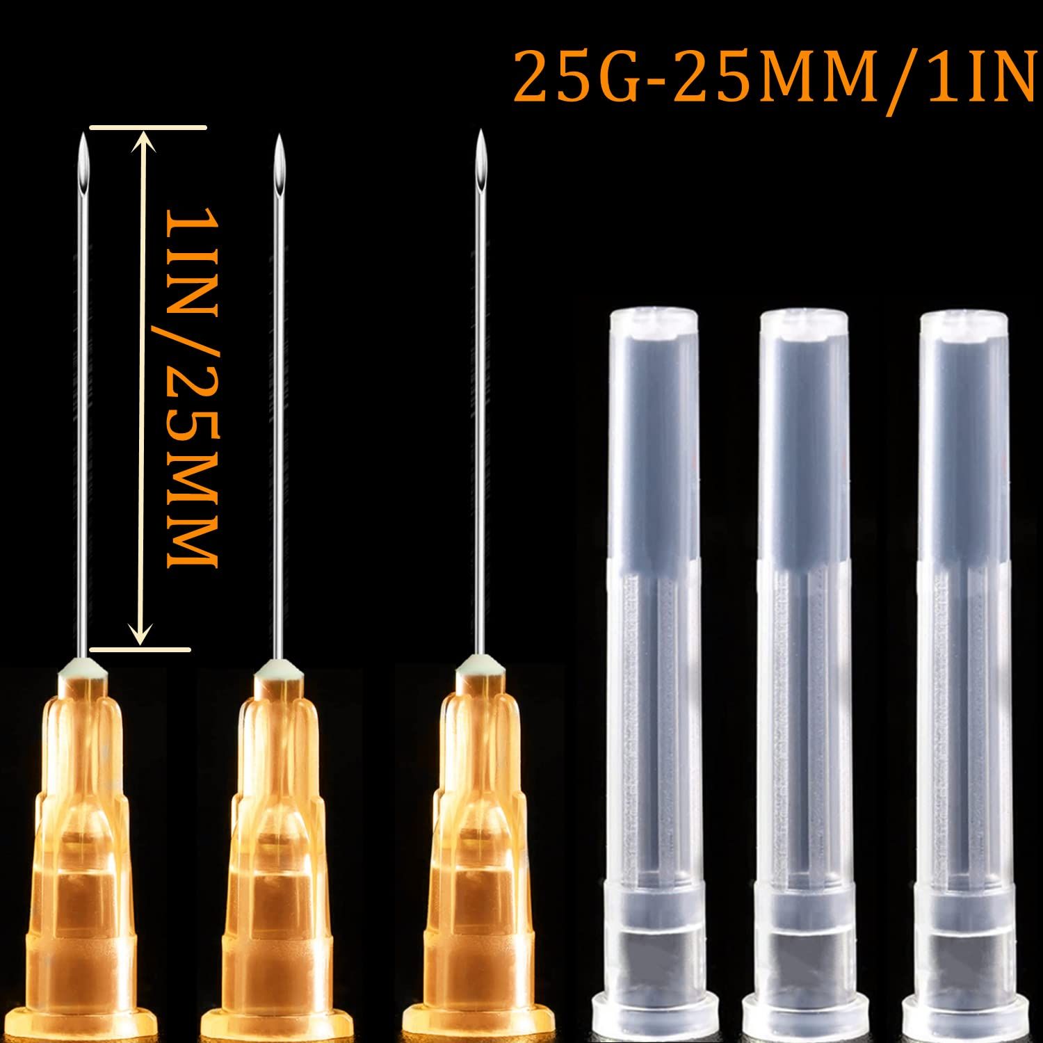 Communicates the precise physical dimensions of the needles (25G gauge, 25mm/1in length) to help medical professionals or consumers select the correct size for their needs.
