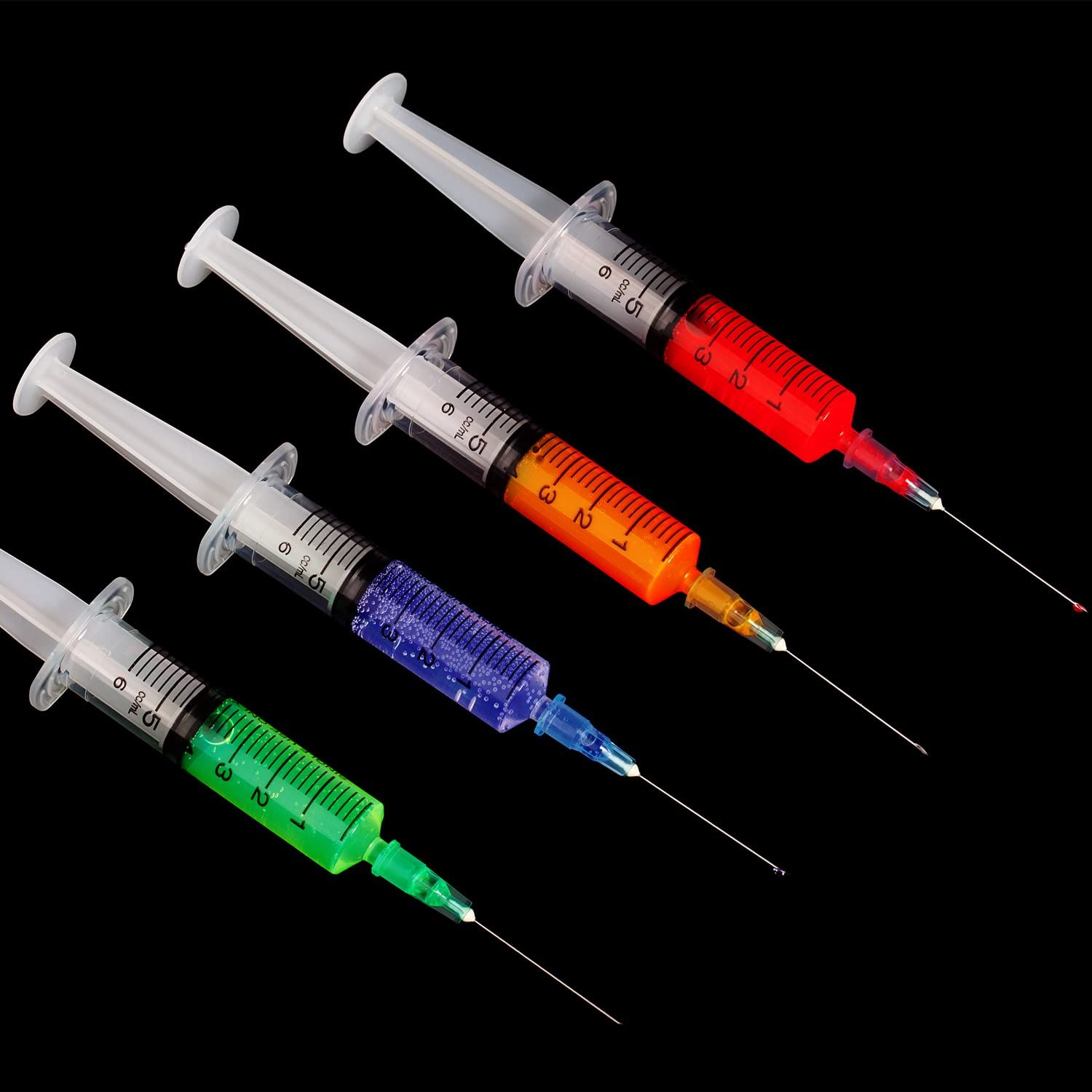 Displays the brand's product lineup showing multiple color options available (green, blue, orange, red syringes), helping shoppers understand the variety and choose their preferred option.