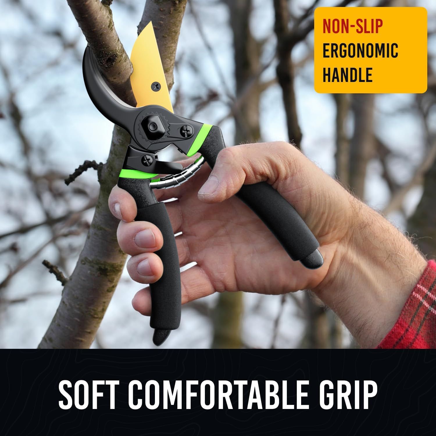 Highlights two distinct ergonomic benefits of the pruning shears—the non-slip handle design and the soft comfortable grip—to reassure shoppers of ease of use…
