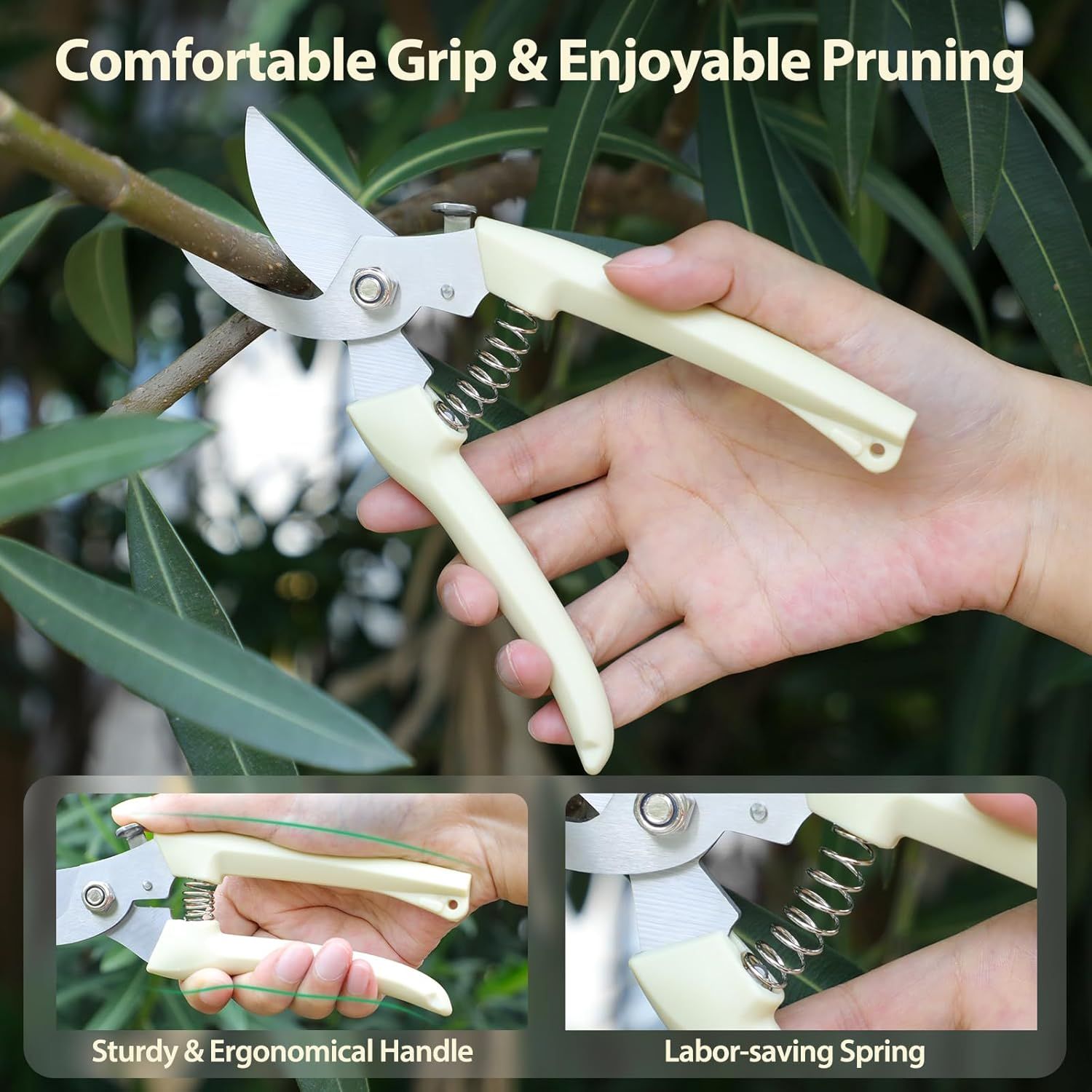 Highlights multiple distinct benefits of the pruning shears including comfortable grip for enjoyable use, sturdy ergonomic handle design, and a labor-saving…