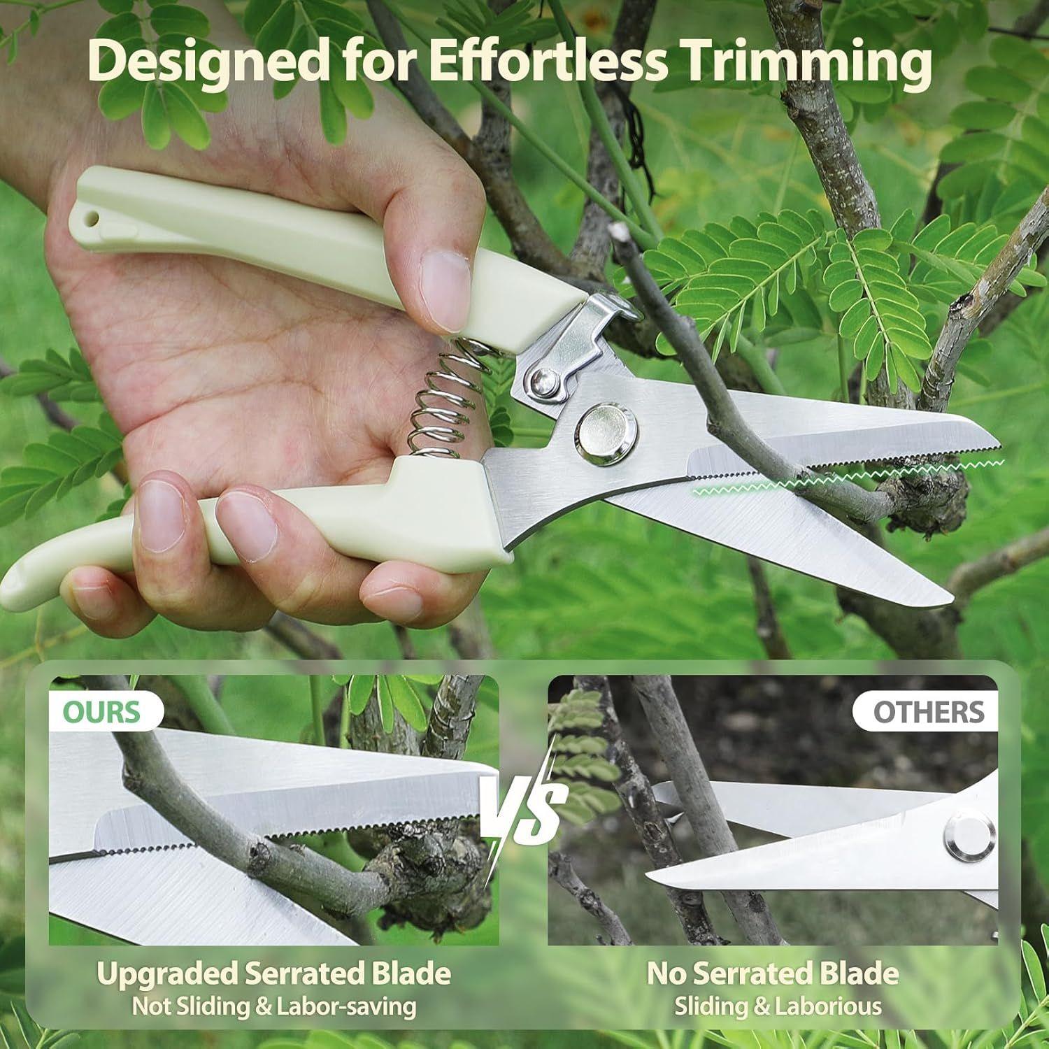 Demonstrates the superiority of this product's upgraded serrated blade over competitors' smooth blades, emphasizing that it prevents sliding and saves labor during trimming tasks. Highlights the…