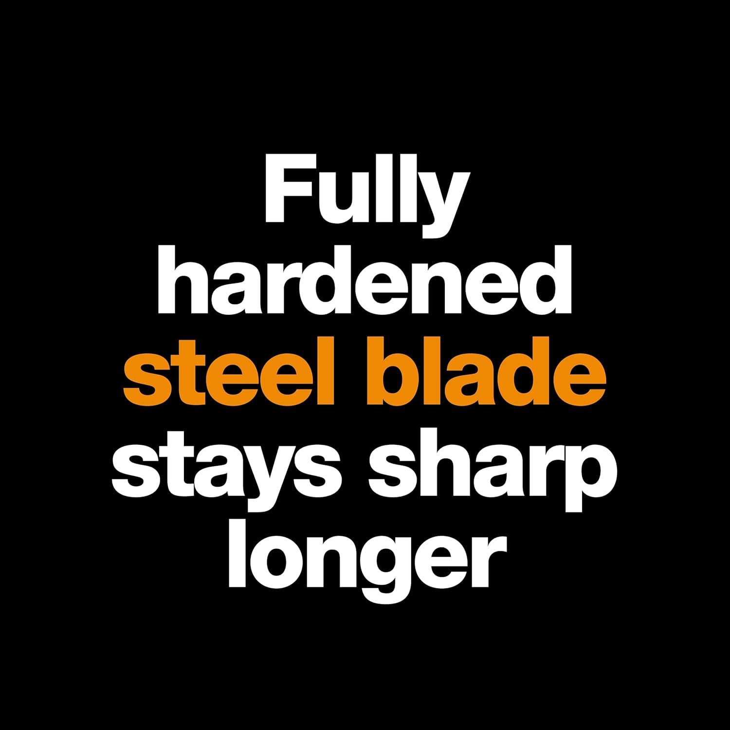 Communicates that the product features a fully hardened steel blade that maintains sharpness over extended use, reassuring shoppers of durability and…