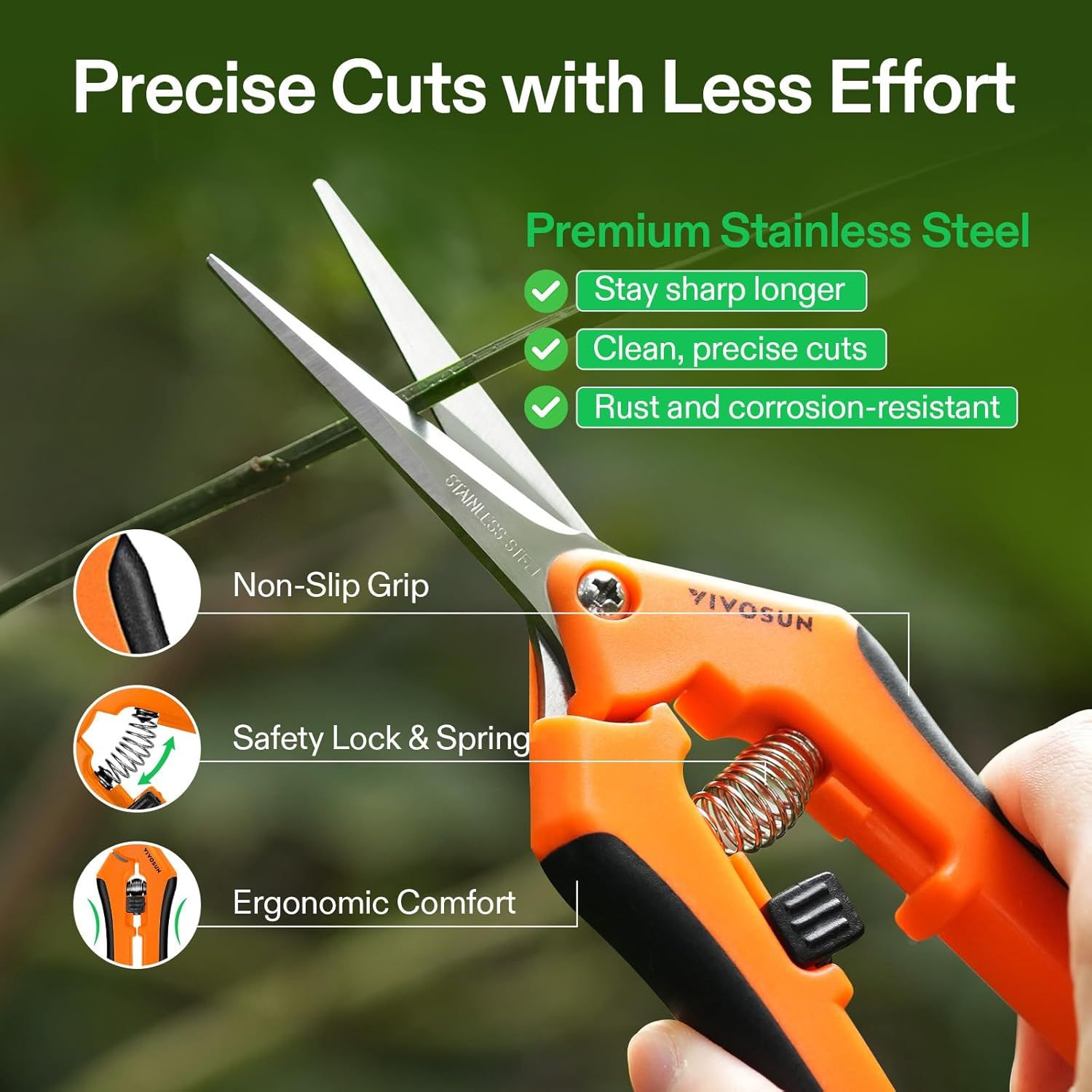 Communicates multiple distinct benefits of the scissors including material quality, grip safety, locking mechanism, and ergonomic design to demonstrate…