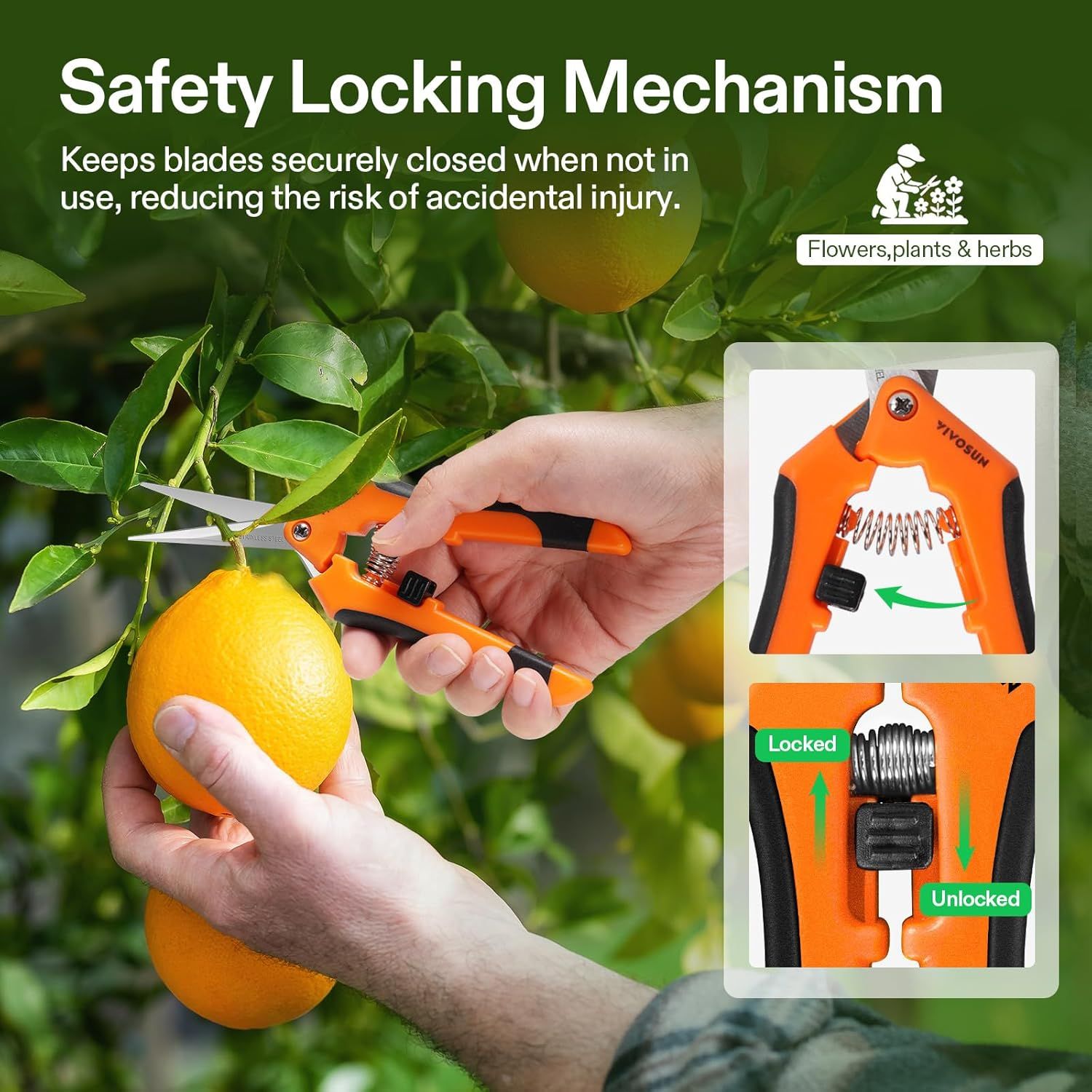 Highlights the safety locking mechanism that keeps blades securely closed when not in use, reducing the risk of accidental injury for users. Communicates the key safety benefit of the locking…
