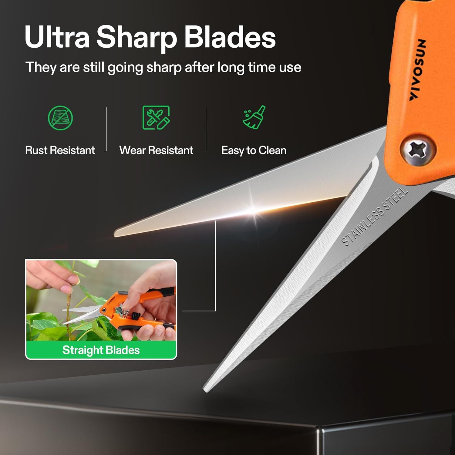 Communicates multiple key benefits of the scissors' blade quality and durability, reassuring shoppers that the product maintains sharpness over time and…
