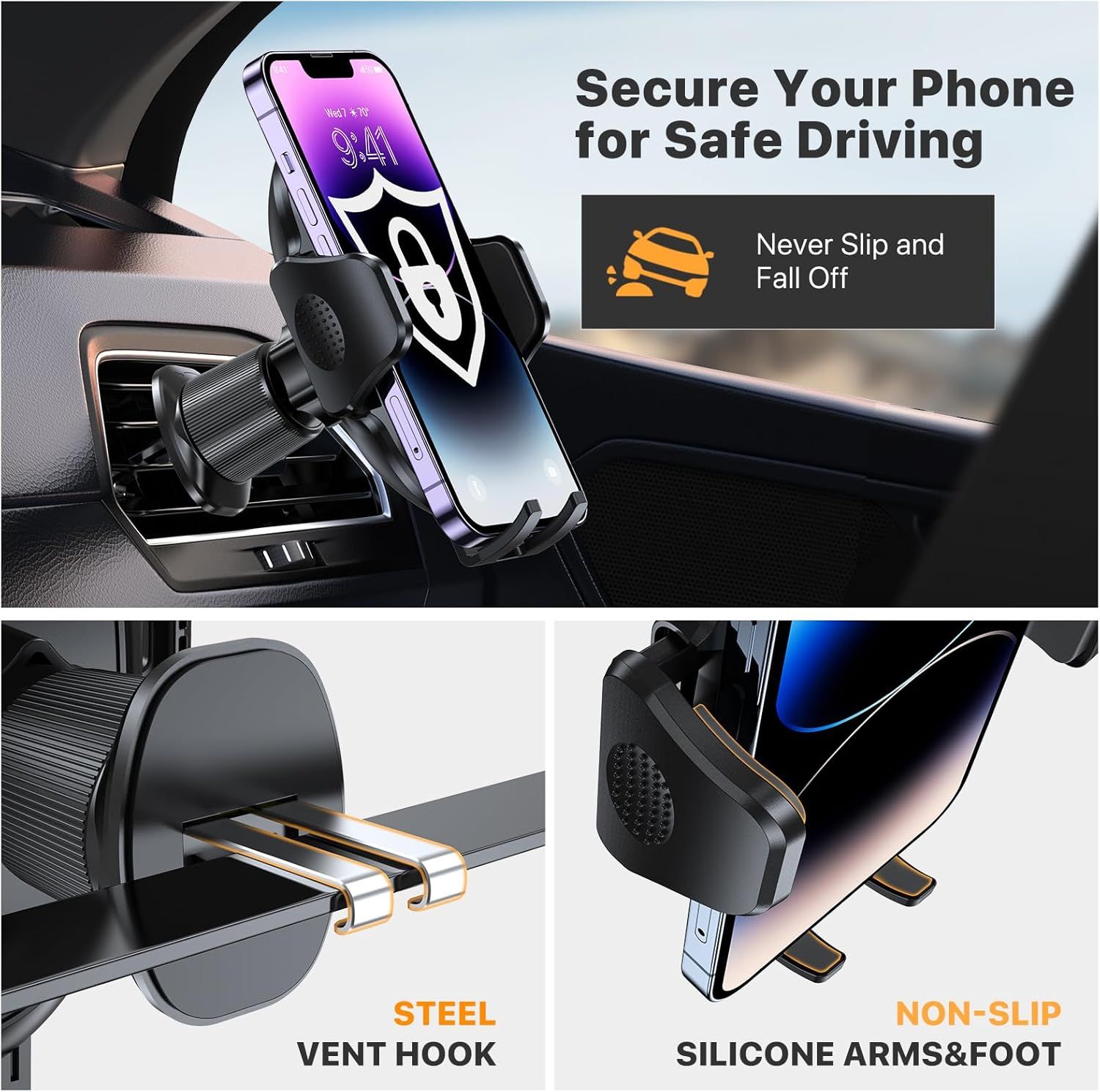 Communicates multiple distinct benefits of the car phone mount: safe driving security, anti-slip stability, durable steel vent hook attachment, and non-slip…