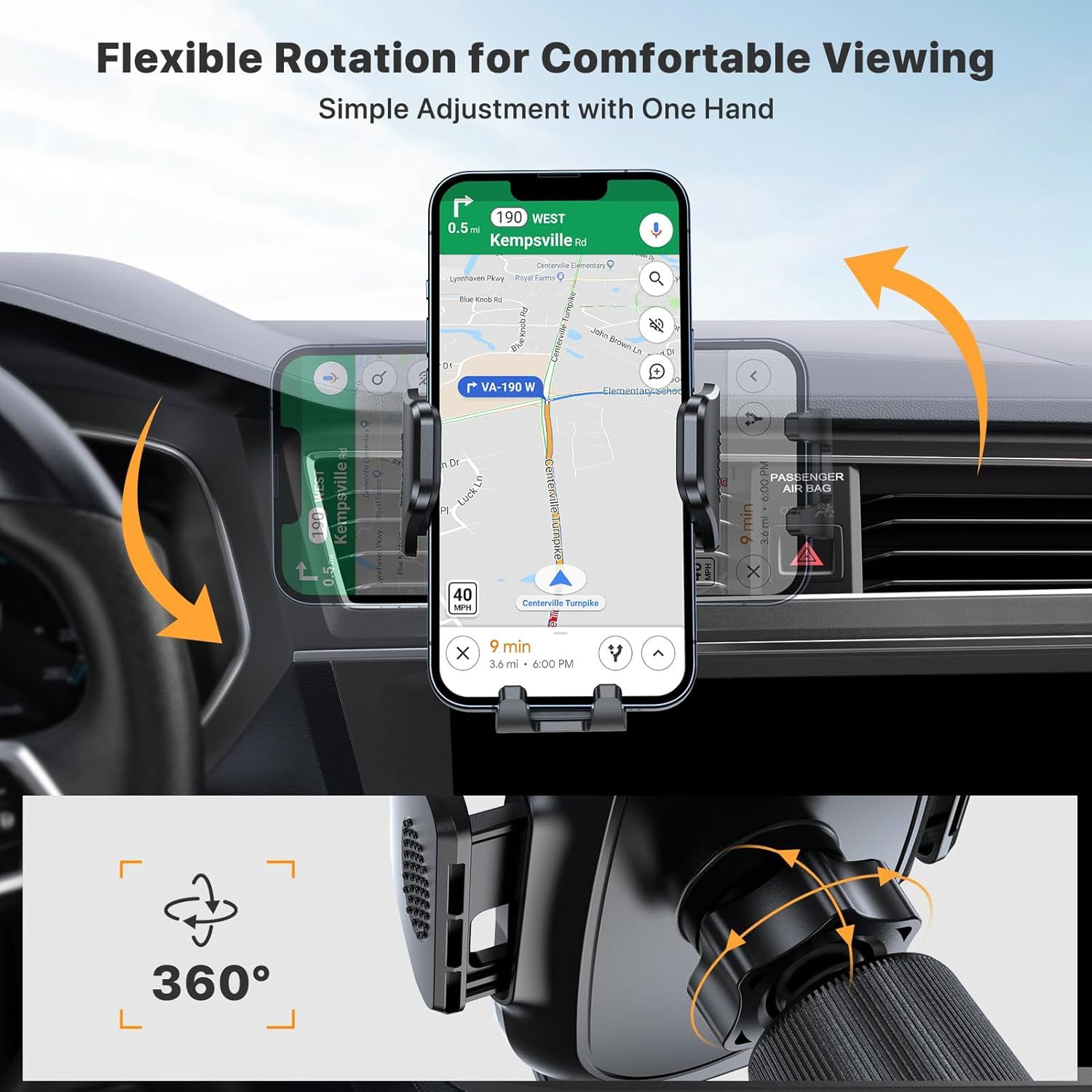 Demonstrates the phone mount's flexible rotation and 360-degree adjustability, reassuring shoppers that they can easily position their device for comfortable…