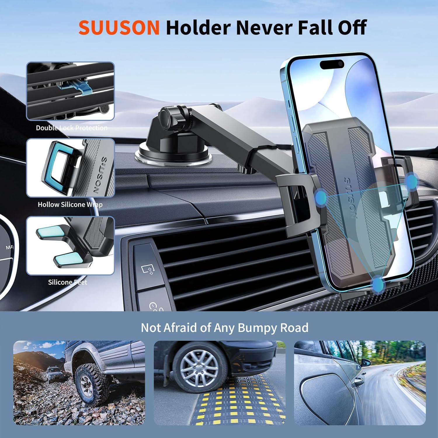 Communicates multiple distinct benefits of the car phone holder including secure locking mechanisms, protective materials, and stability on rough roads to reassure shoppers of its reliability and…