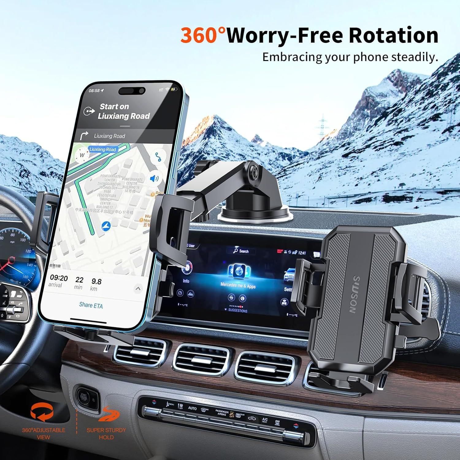 Highlights the phone mount's 360-degree rotation capability, reassuring shoppers that they can adjust their phone to any viewing angle for safe and convenient…