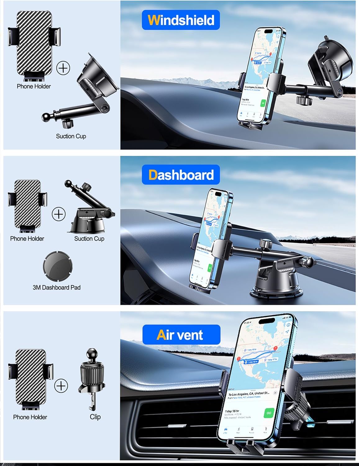 Demonstrates the three different mounting locations where the phone holder can be installed in a vehicle, showing versatility and compatibility with different car setups and user preferences.