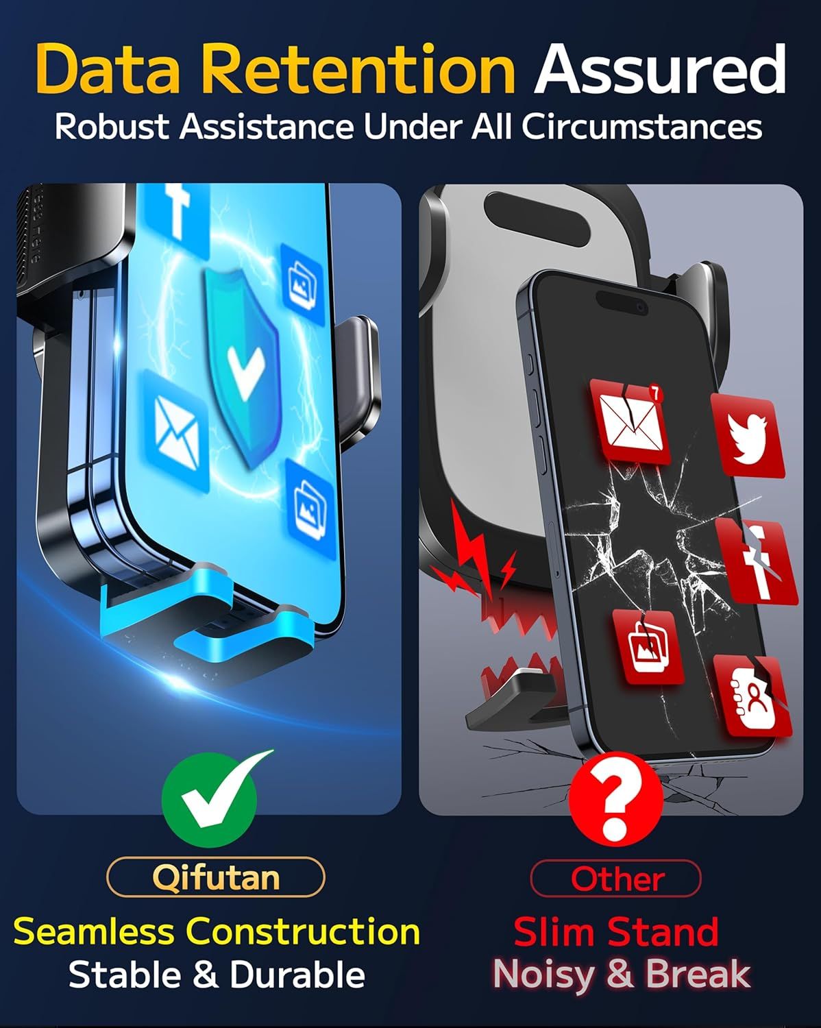 Demonstrates the superiority of the Qifutan brand phone stand over generic competitors by showing how its seamless construction protects data and prevents breakage, while other slim stands are noisy…
