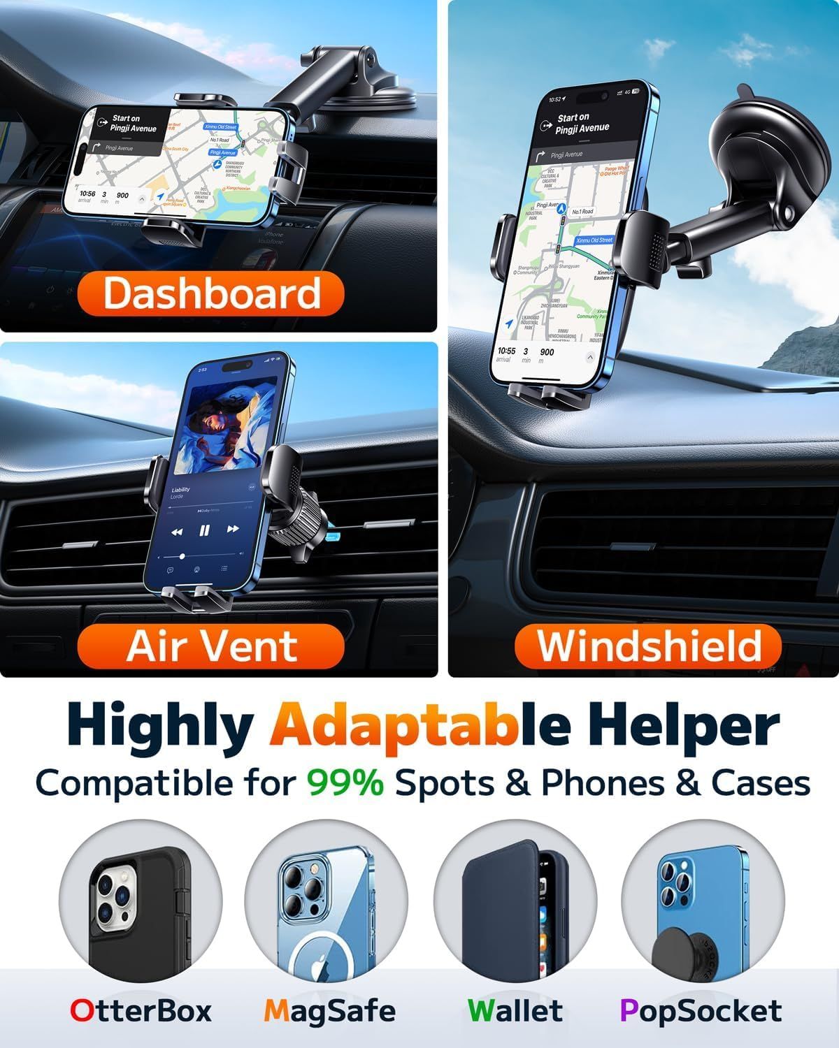 Demonstrates the product's versatility by showing three different mounting locations (dashboard, air vent, windshield) where the phone holder can be used in a vehicle. Reassures shoppers that the…