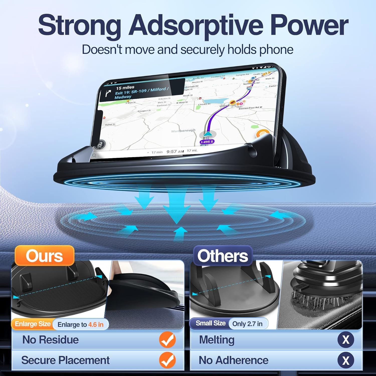 Demonstrates the superiority of this phone holder over competing products by showing its stronger adhesive power, larger size, residue-free design, and secure placement compared to smaller, melting…