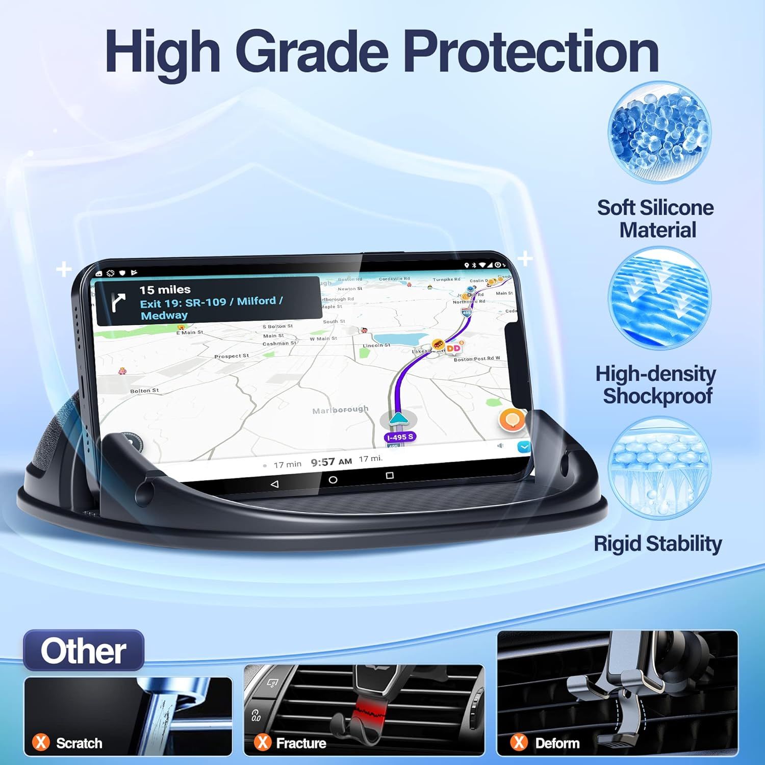 Communicates multiple protective and material benefits of the phone holder to reassure shoppers of its quality, durability, and protective features across several distinct benefit zones.