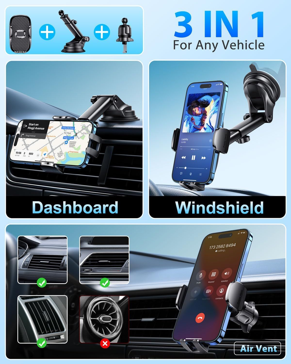 Demonstrates the multiple mounting locations and installation options available for this phone holder, showing shoppers it can be used in any vehicle and positioned according to their preference.