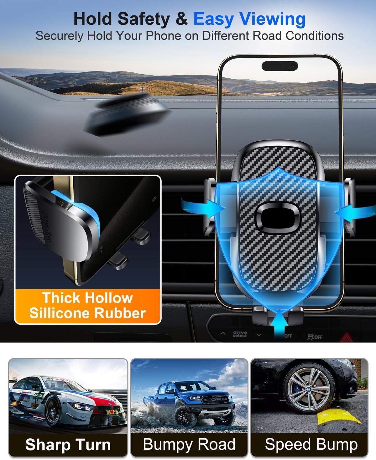Highlights the physical components and grip mechanism of the car phone holder to reassure shoppers of its secure hold and protective design. Demonstrates the product's effectiveness across different…