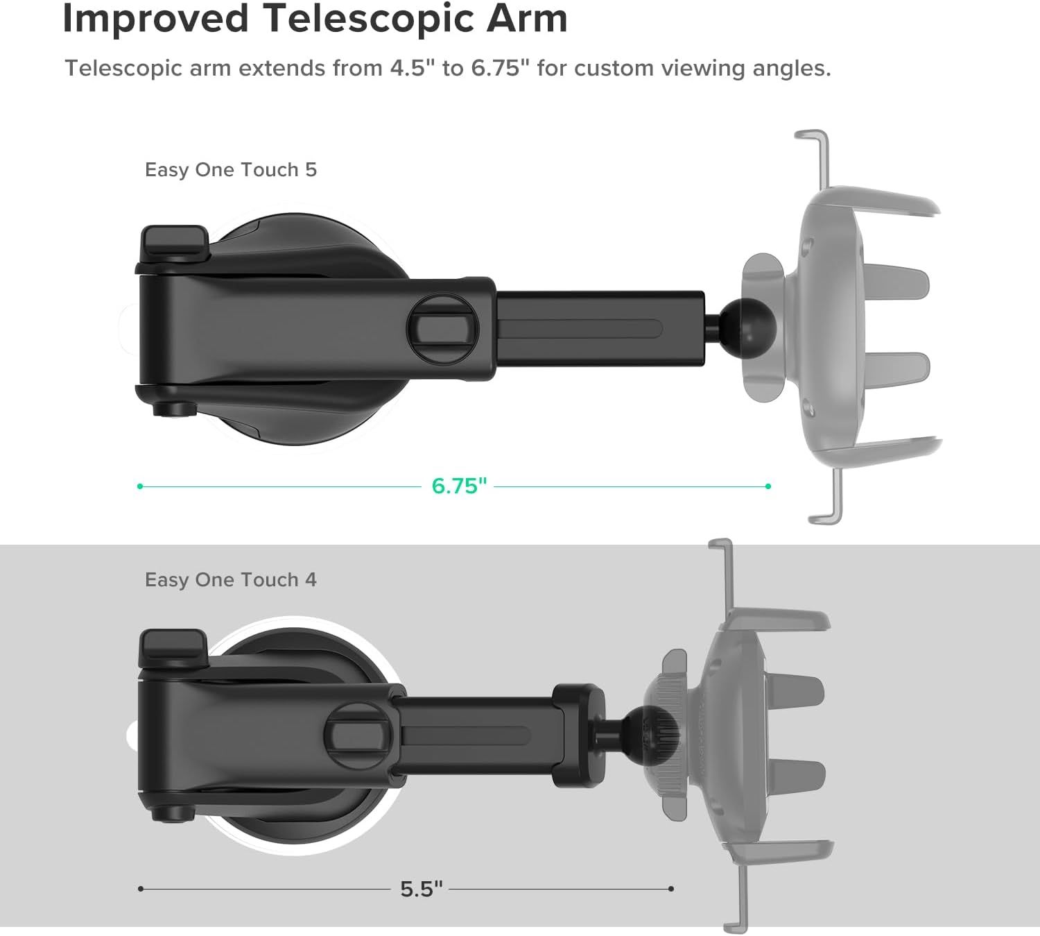 Demonstrates the improved telescopic arm length (4.5" to 6.75") compared to the previous model (Easy One Touch 4 at 5.5"), showing product superiority and enhanced adjustability for custom viewing…