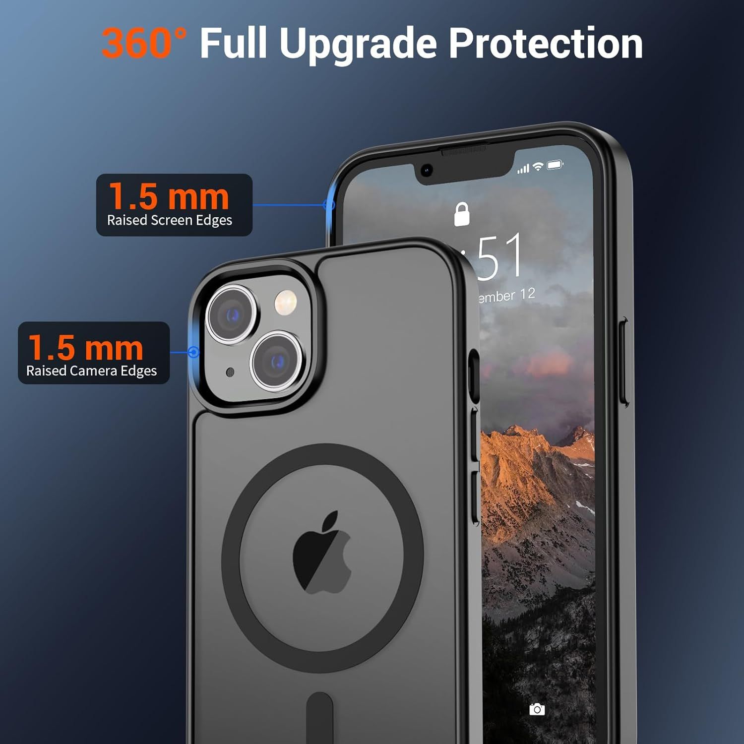 Highlights the protective design features of the phone case, specifically the 1.5mm raised edges around the screen and camera to prevent scratches and damage. Communicates multiple protective…