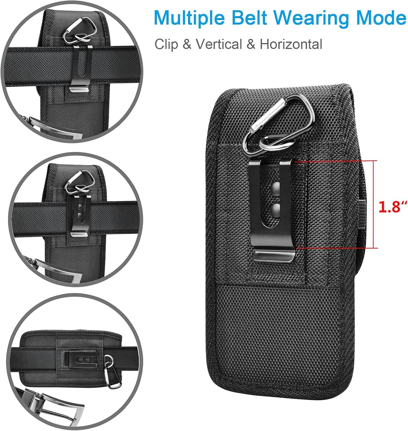 Demonstrates the product's versatility by showing three different ways to wear or attach the case to a belt, reassuring shoppers that it can adapt to their preferred carrying style. Provides the…