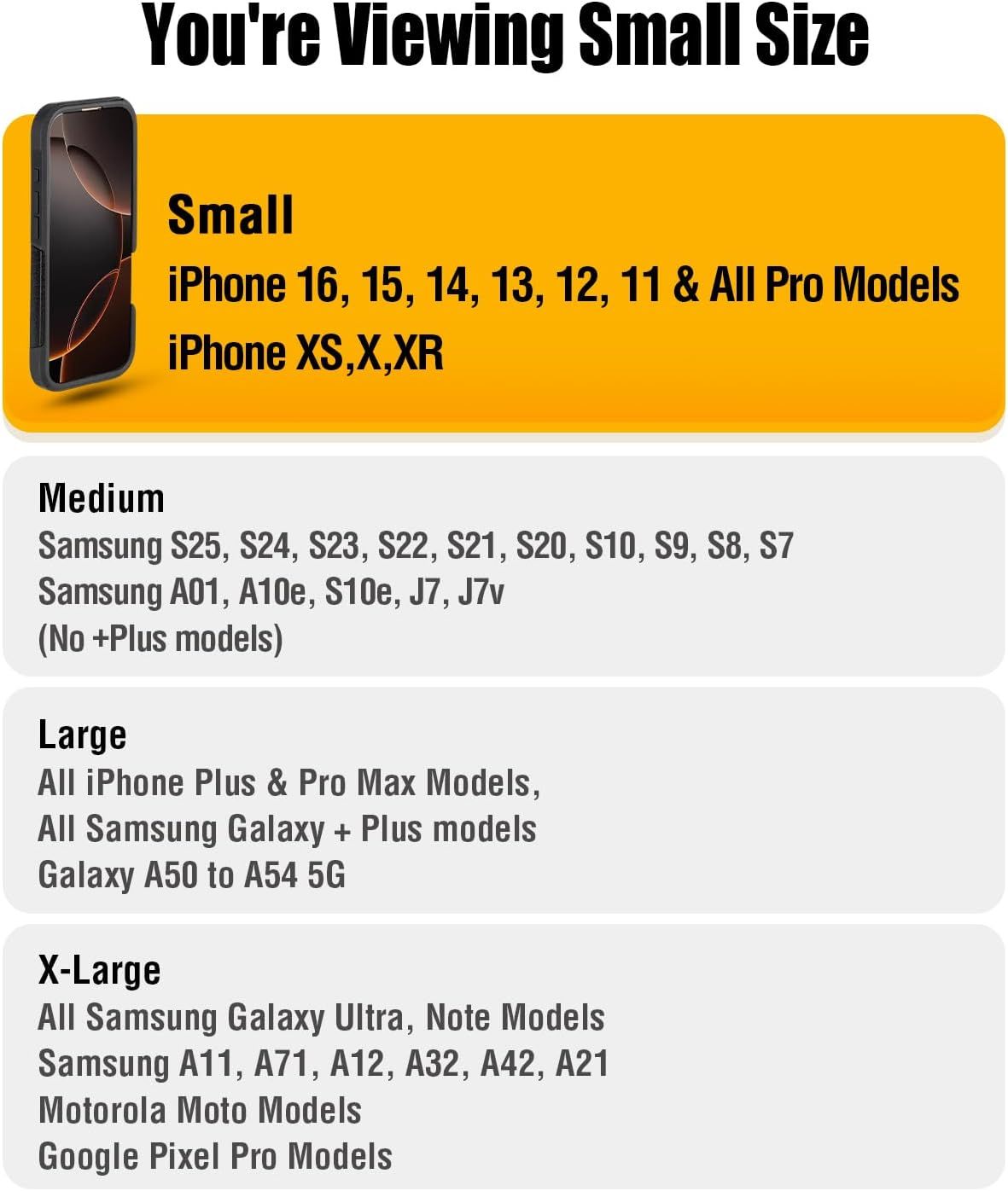 Shows which phone models and sizes the product is compatible with, helping shoppers determine if it will fit their specific device.