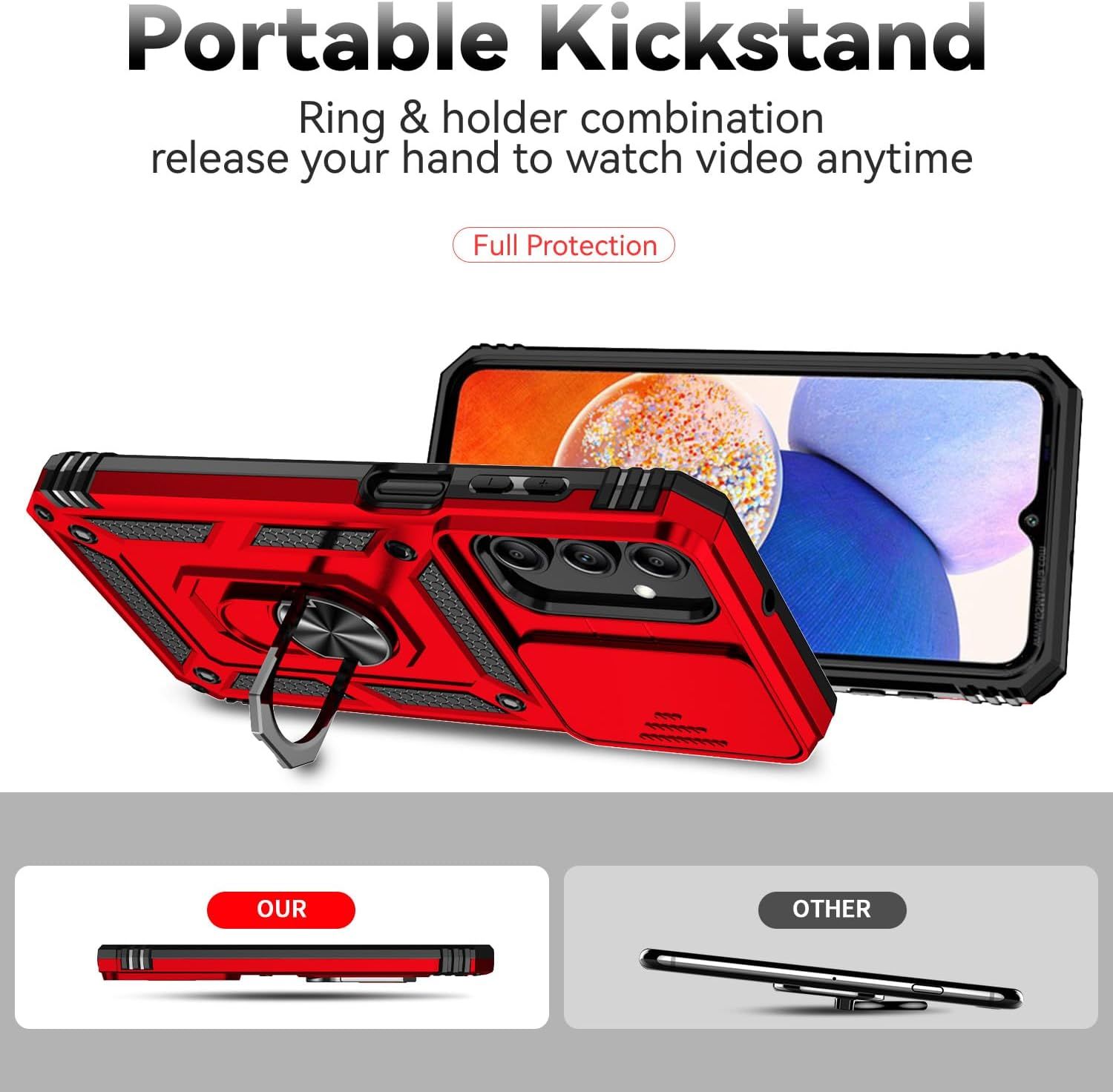Demonstrates the product's superior design with a built-in kickstand and protective features compared to a generic competitor's slim case, showing why this case is better for hands-free viewing and…