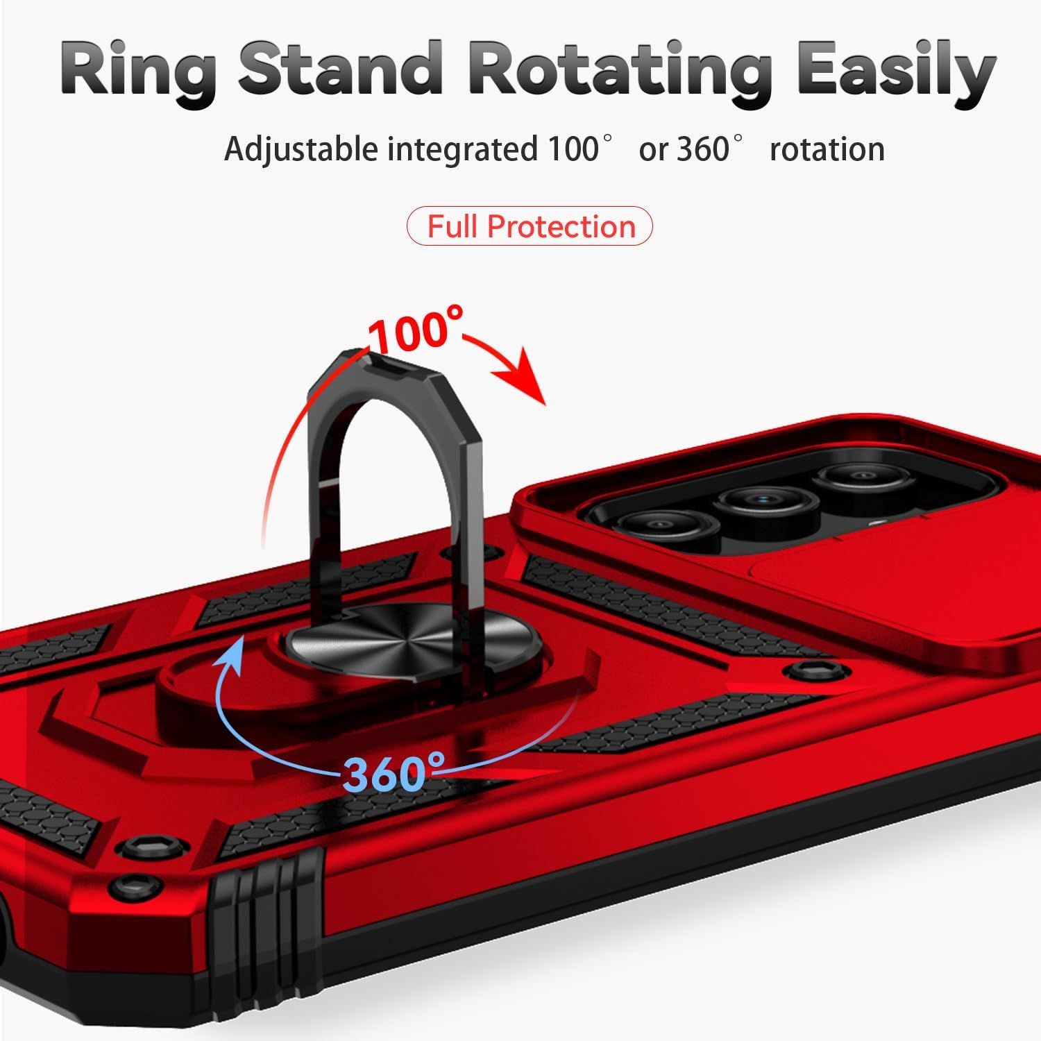 Highlights the adjustable ring stand feature with dual rotation capabilities (100° and 360°) to demonstrate the product's functional design and versatility for hands-free viewing. Communicates the…