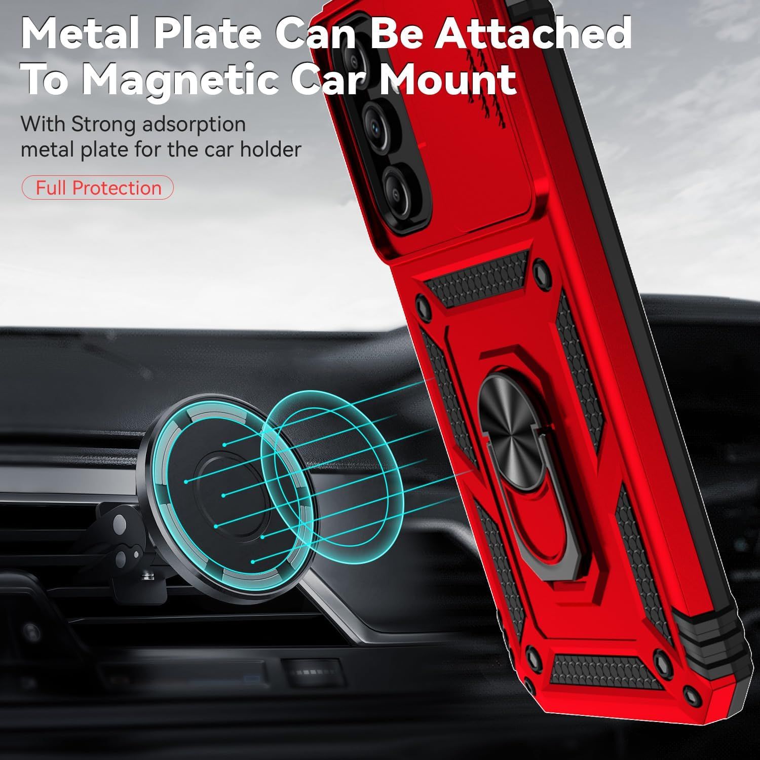 Demonstrates that the phone case is compatible with magnetic car mounts, showing shoppers a key use case for hands-free driving. Highlights the case's magnetic compatibility feature and protective…