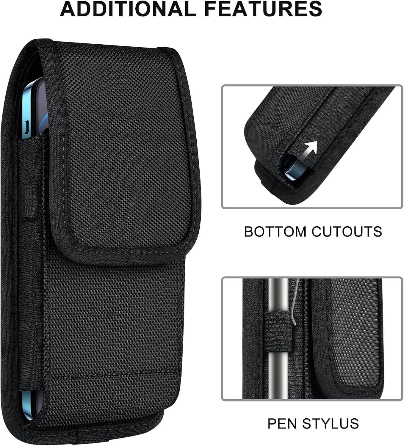 Highlights multiple functional design features of the phone case—bottom cutouts for port access and an integrated pen stylus holder—to demonstrate the product's practical versatility and convenience.
