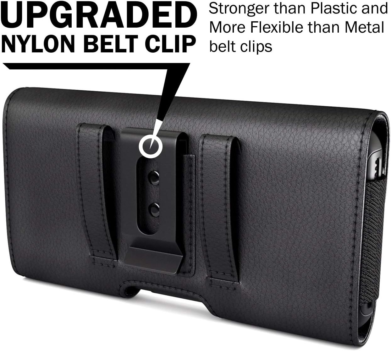 Highlights the upgraded nylon belt clip component, emphasizing its superior strength and flexibility compared to plastic and metal alternatives. Communicates the key benefit that the nylon belt clip…