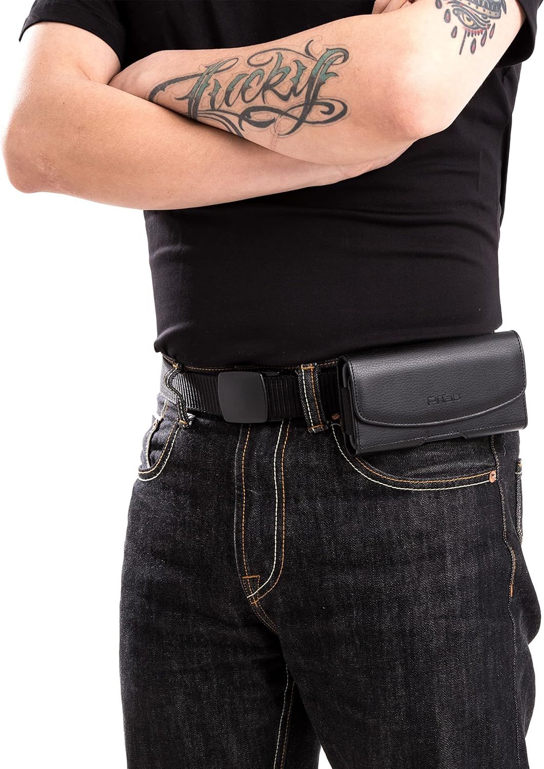Demonstrates the product (belt pouch/wallet) worn naturally in a real-world lifestyle context to help shoppers visualize how it looks and functions when worn.