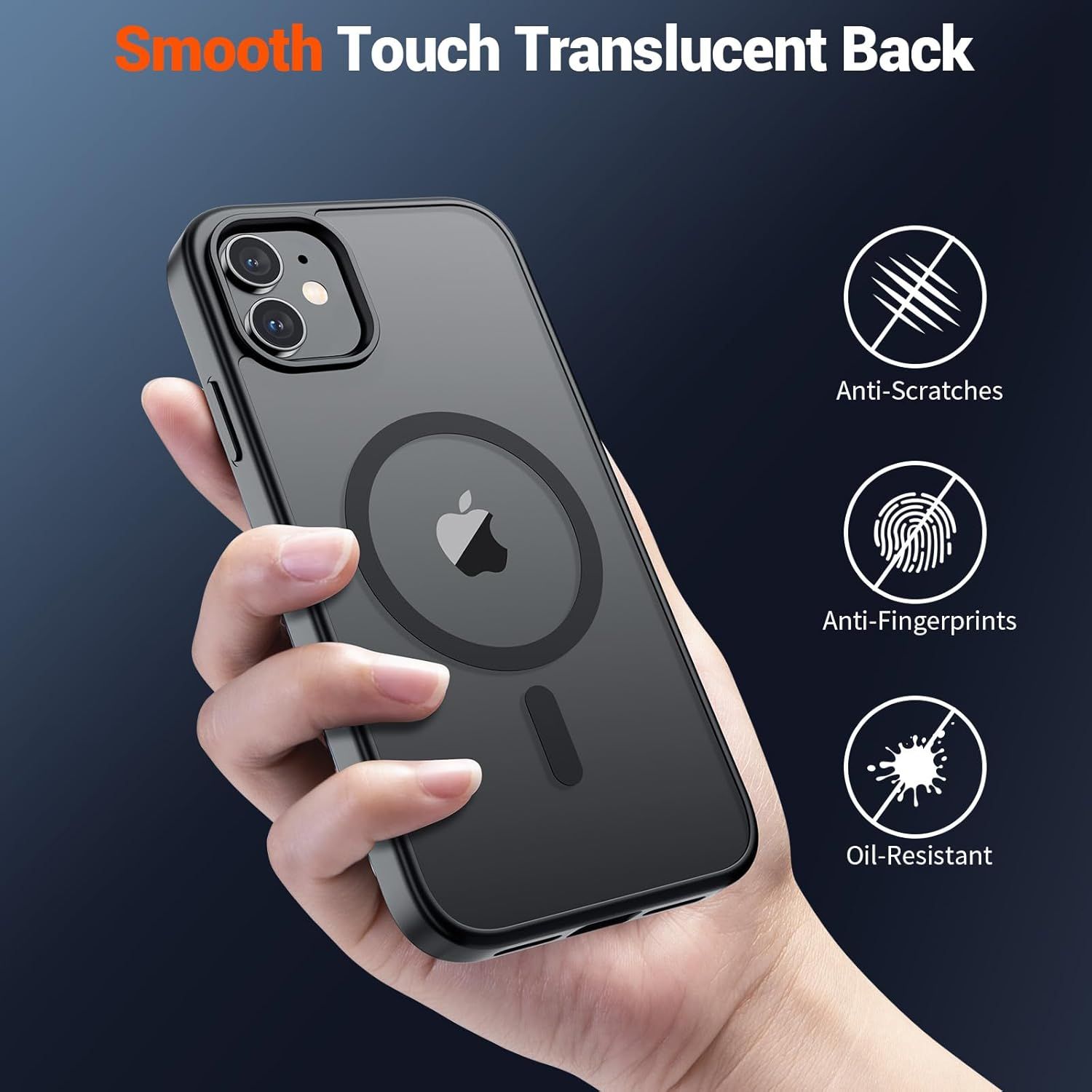 Communicates multiple protective benefits of the phone case's translucent back material, reassuring shoppers that it keeps the phone looking clean and scratch-free.