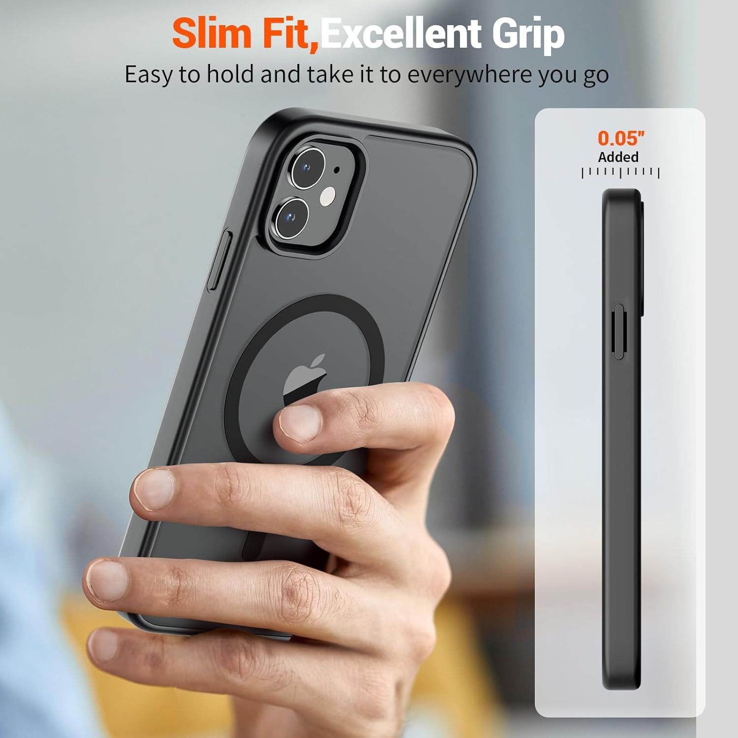 Communicates that the phone case adds only 0.05 inches of thickness, reassuring shoppers that it maintains a slim, portable profile while providing protection and grip. Highlights the slim fit and…