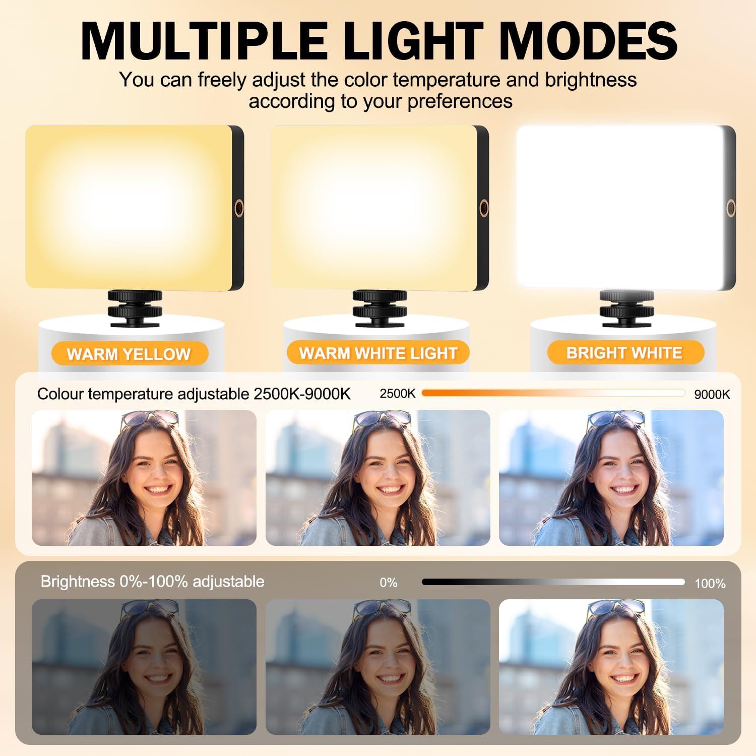 Demonstrates the product's versatility by showing multiple adjustable light modes (color temperature from 2500K-9000K and brightness from 0-100%) with visual…